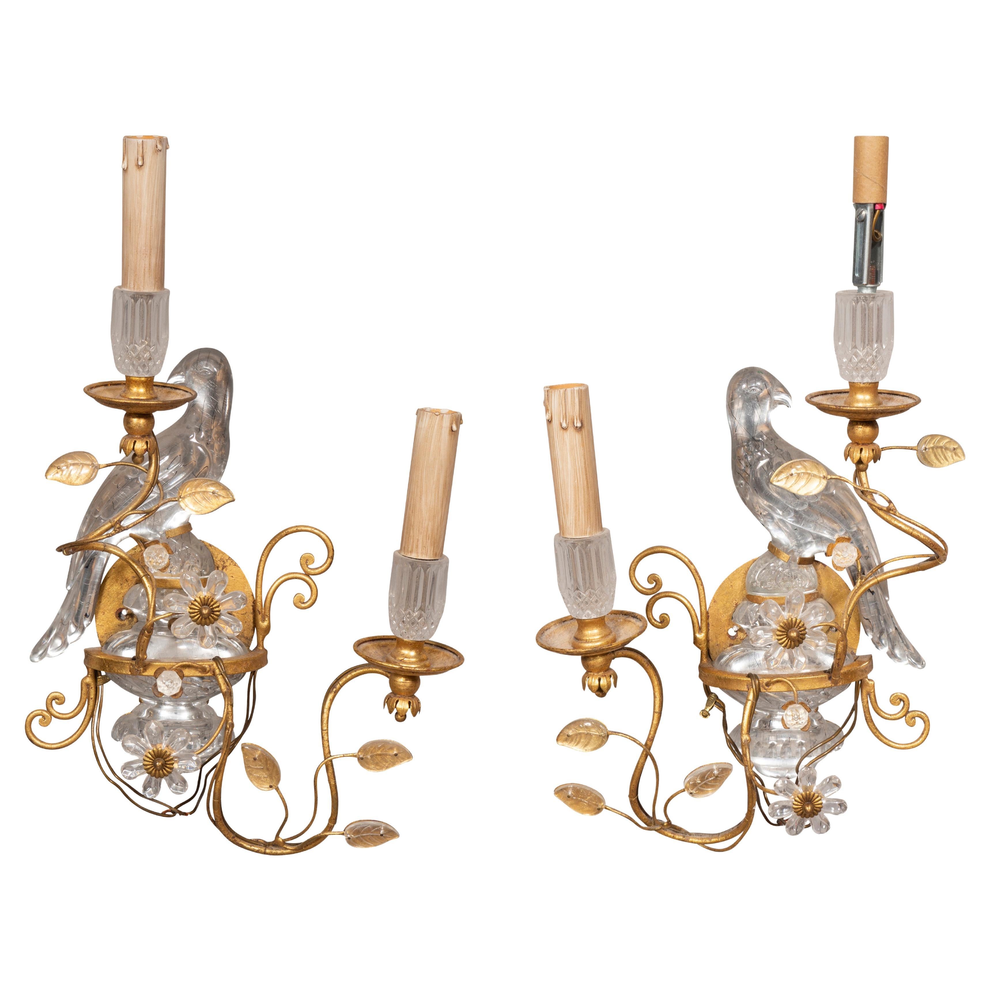 Pair of Glass and Gilt Metal Parrot Wall Sconces in the Manner of Bagues For Sale