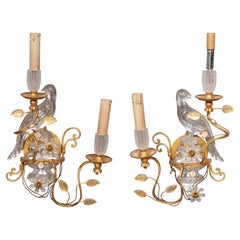 Pair of Glass and Gilt Metal Parrot Wall Sconces in the Manner of Bagues