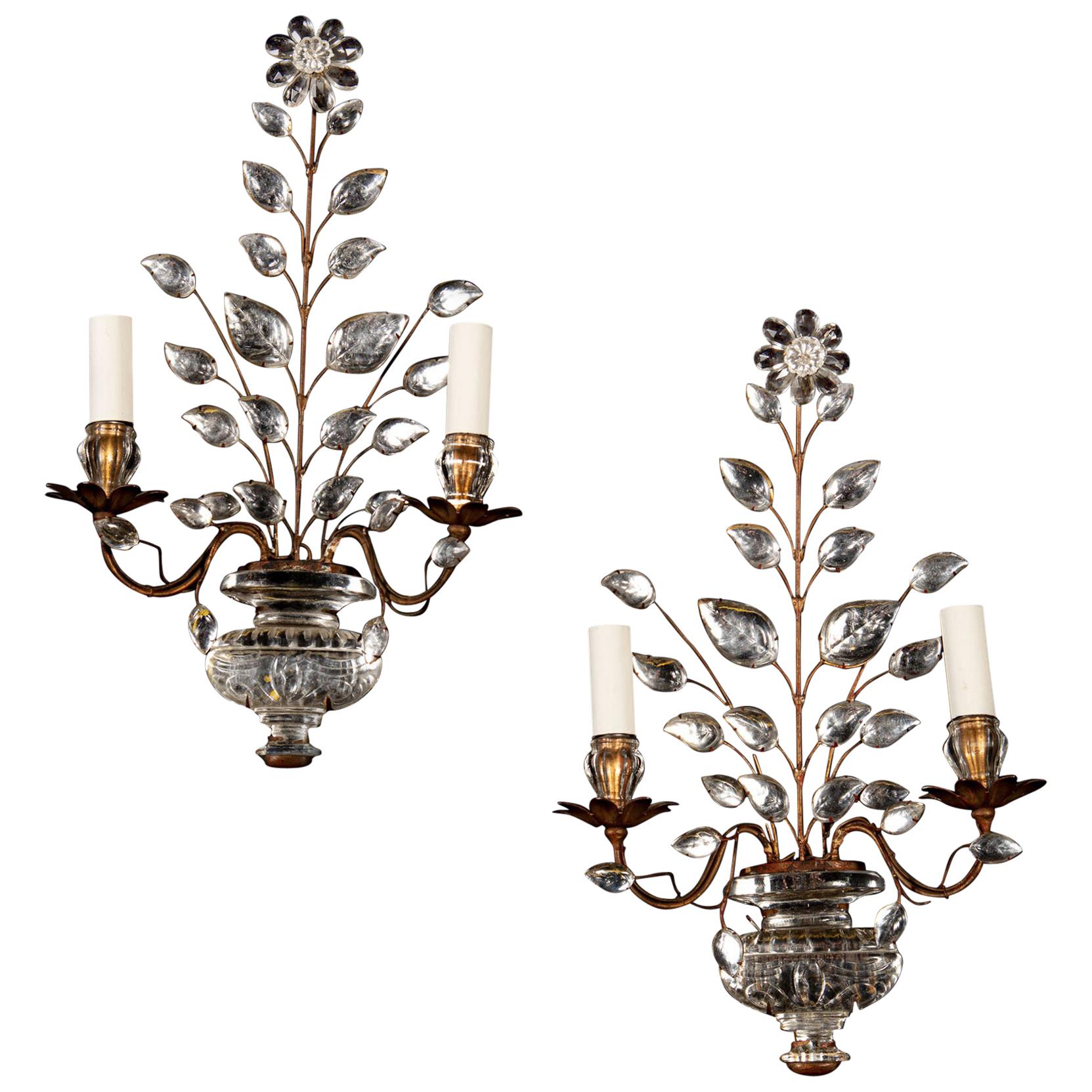 Pair of Glass and Gilt Metal Wall Lights Attributed to Maison Baguès