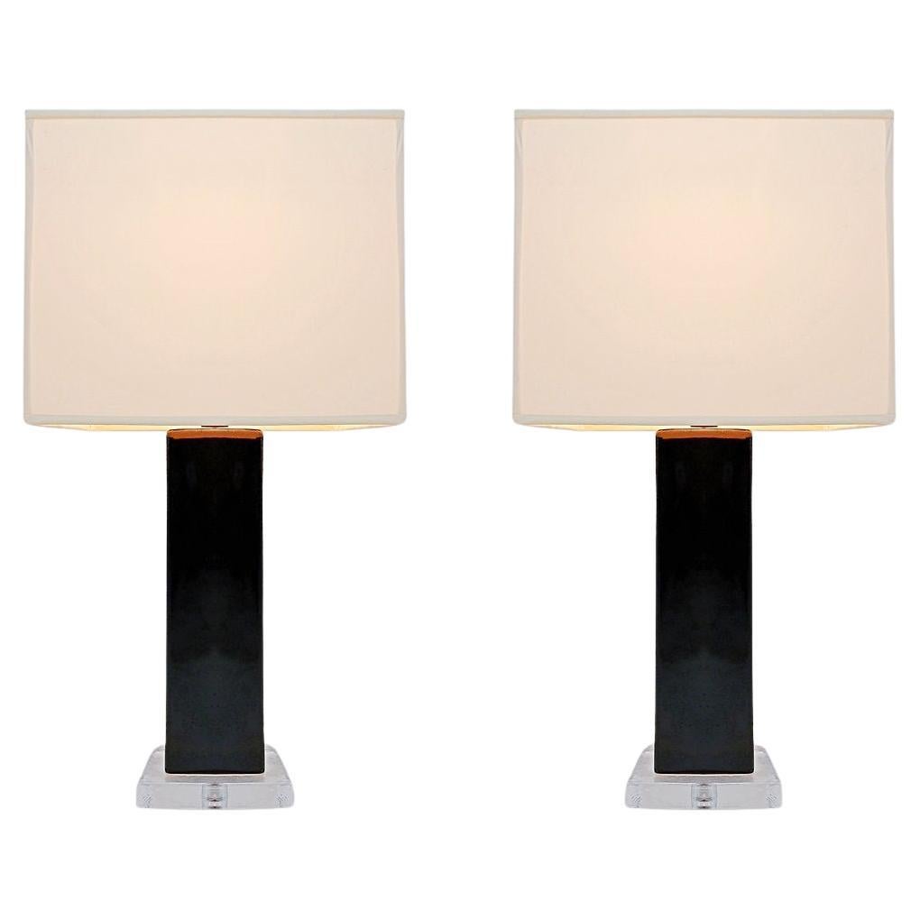 Paire de lampes de table en verre et céramique émaillée brun brillant "Simon Pearce" - 20ème en vente
