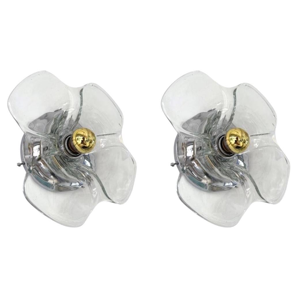 Pair of Glass and Metal Flower Sconces, Italy, 1970s For Sale