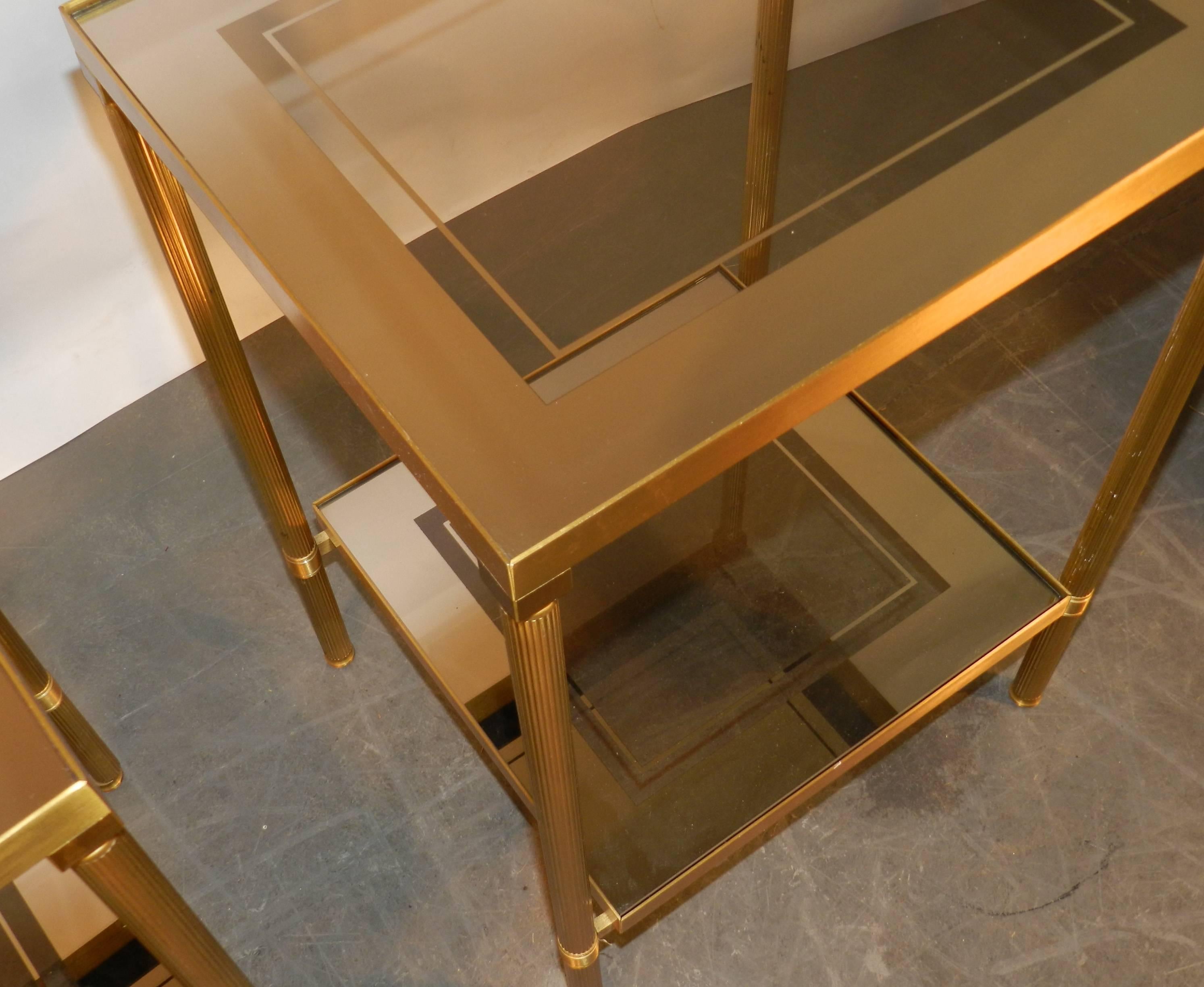 Mid-Century Modern Pair of Glass and Mirror and Brass Side Tables in Maison Bagues Style