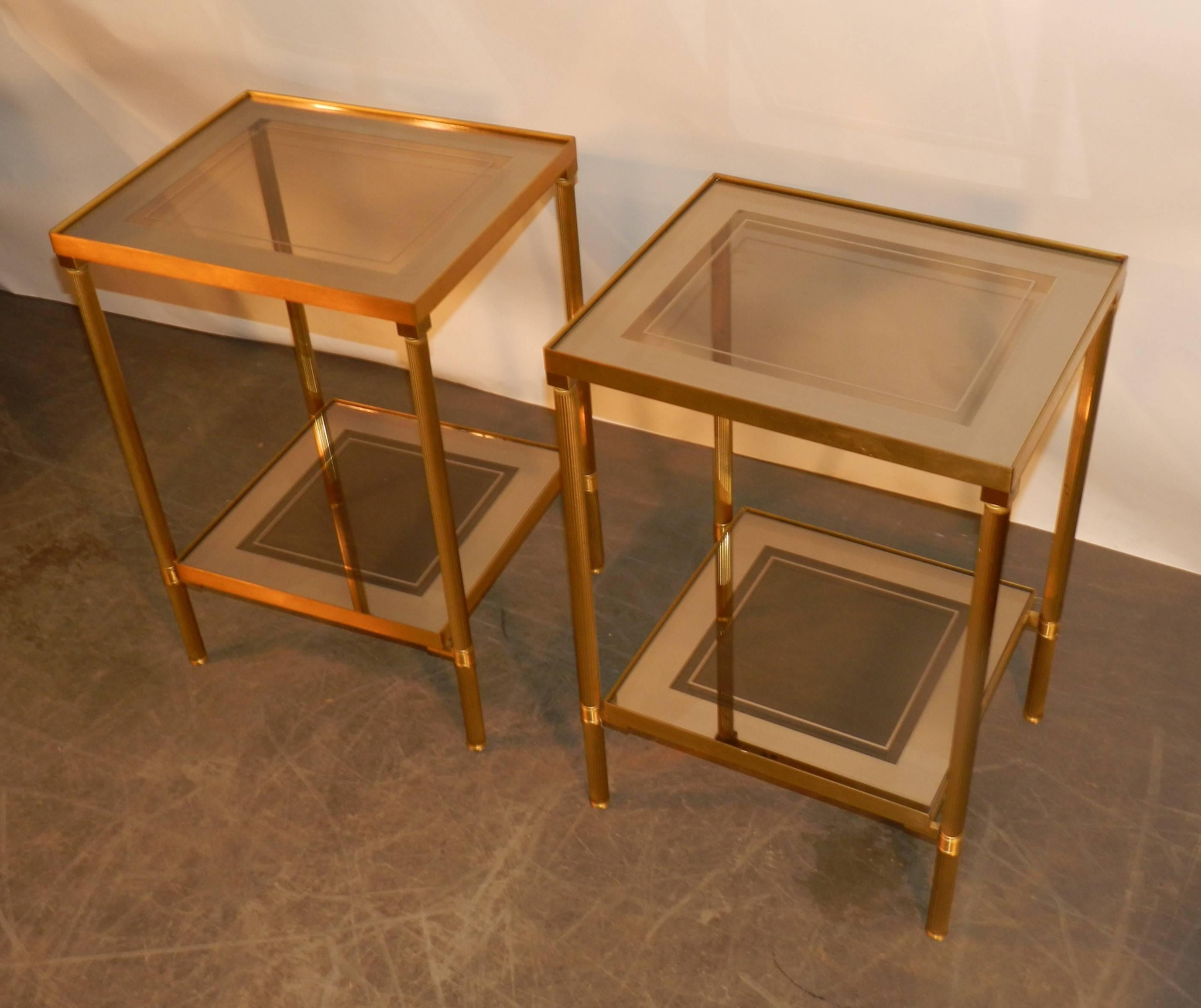 French Pair of Glass and Mirror and Brass Side Tables in Maison Bagues Style