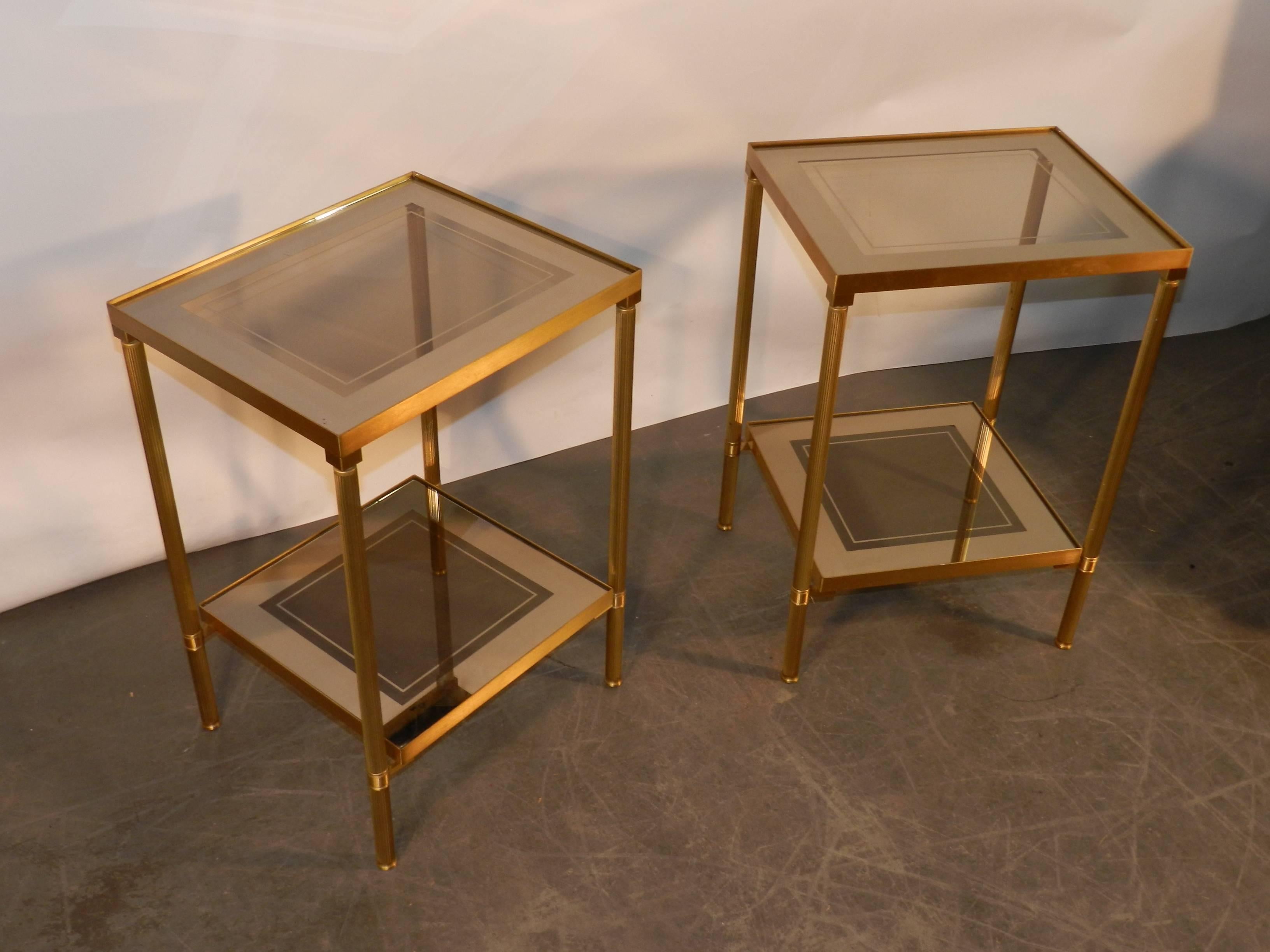 Pair of Glass and Mirror and Brass Side Tables in Maison Bagues Style 1