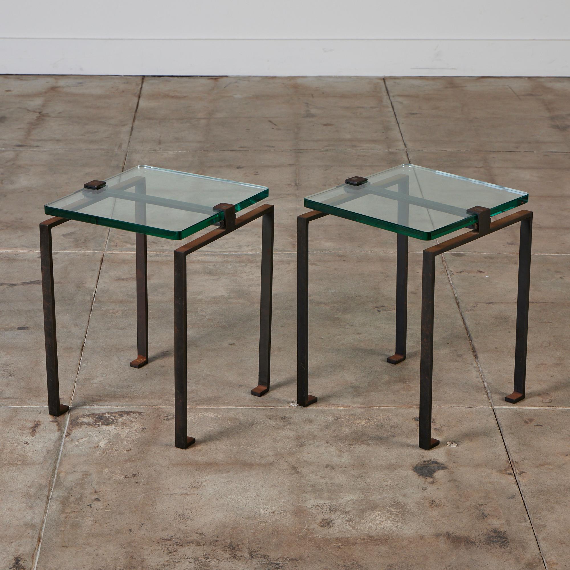 Mid-Century Modern Pair of Glass and Oxidized Steel Side Tables