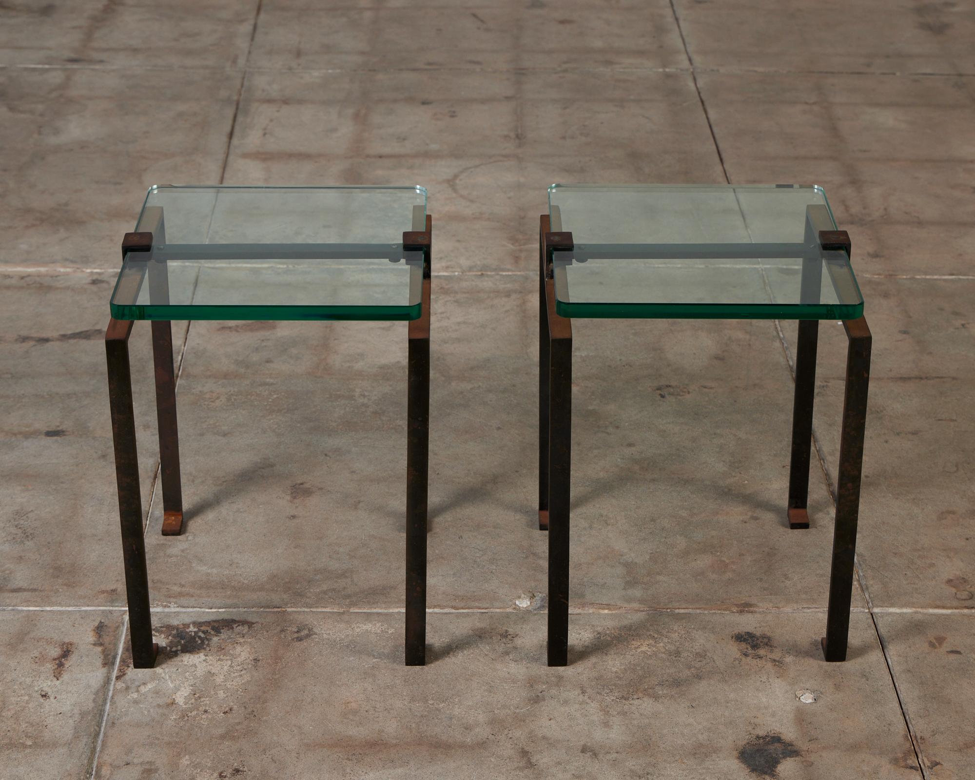 Pair of Glass and Oxidized Steel Side Tables In Excellent Condition In Los Angeles, CA