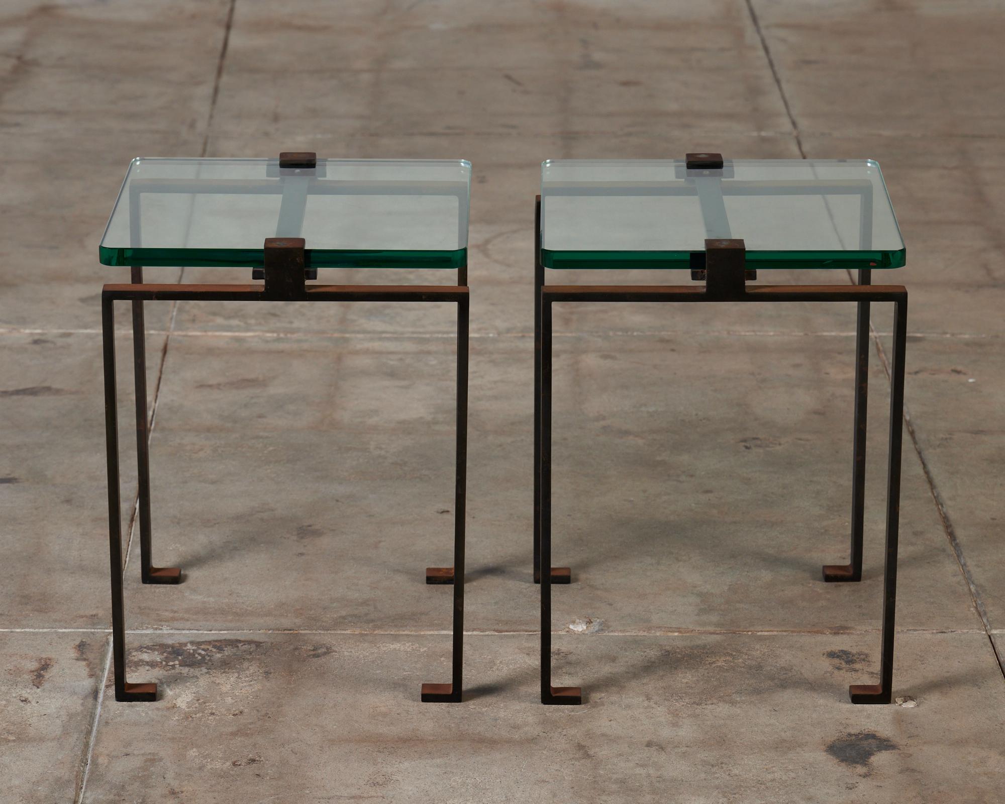 20th Century Pair of Glass and Oxidized Steel Side Tables