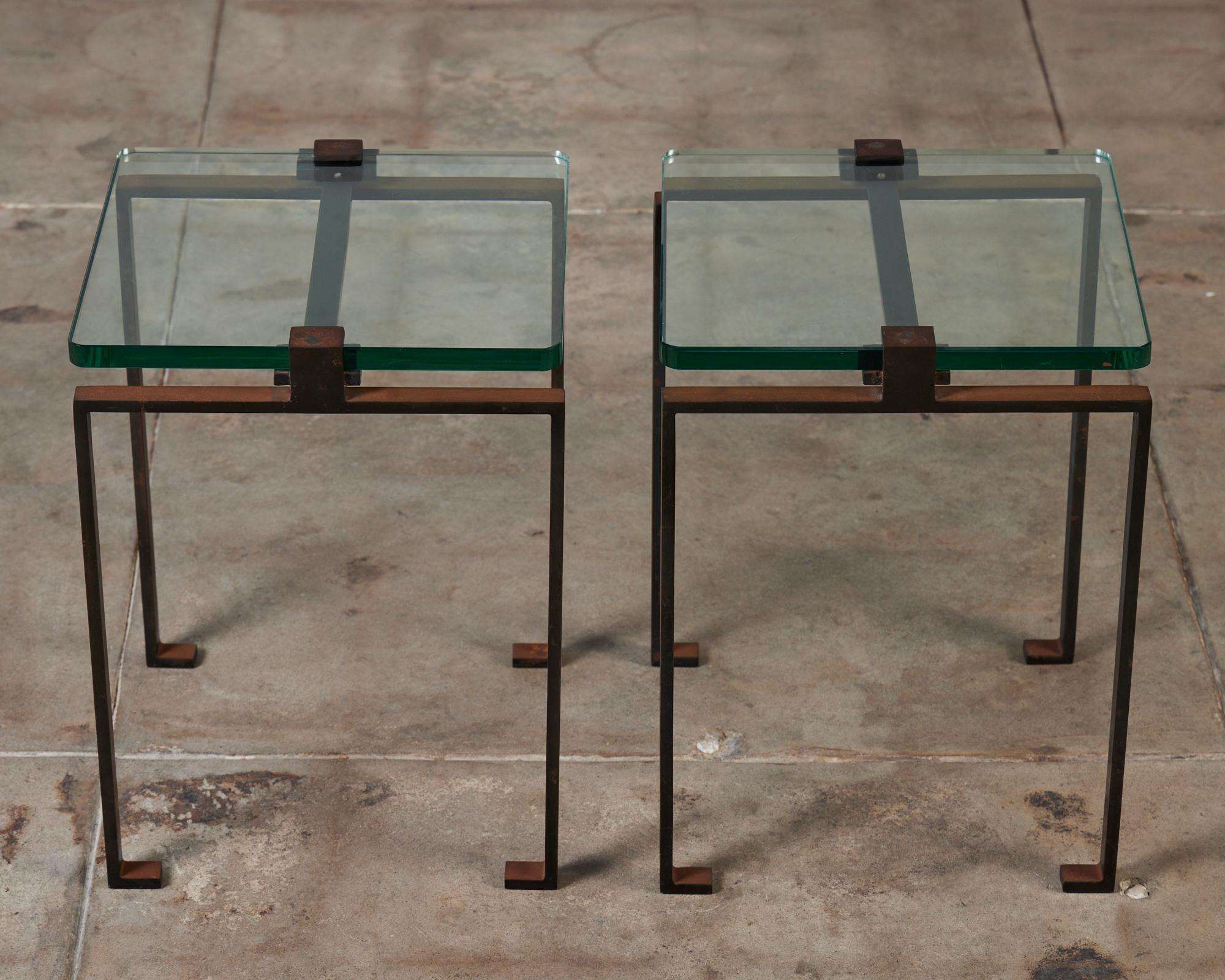 Pair of Glass and Oxidized Steel Side Tables 1
