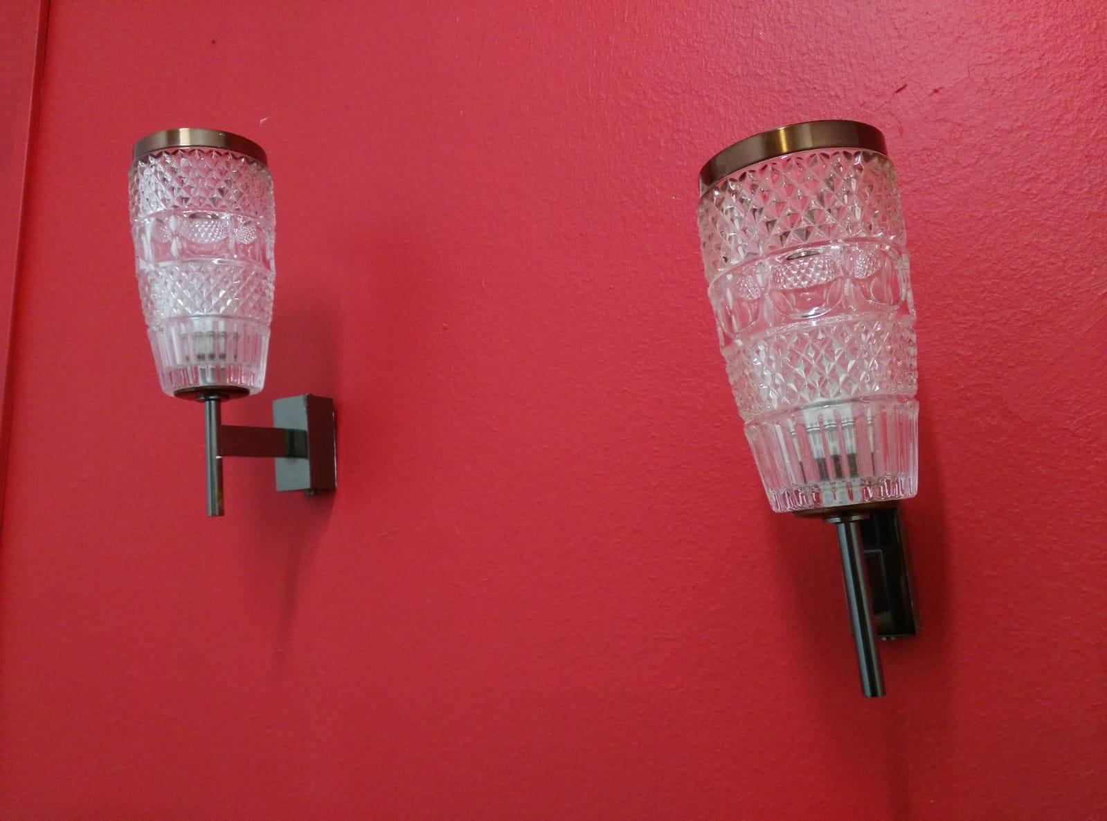 midcenturyPair of Glass and Steel Wall Lamps, Italian Style, 1950s For Sale 3