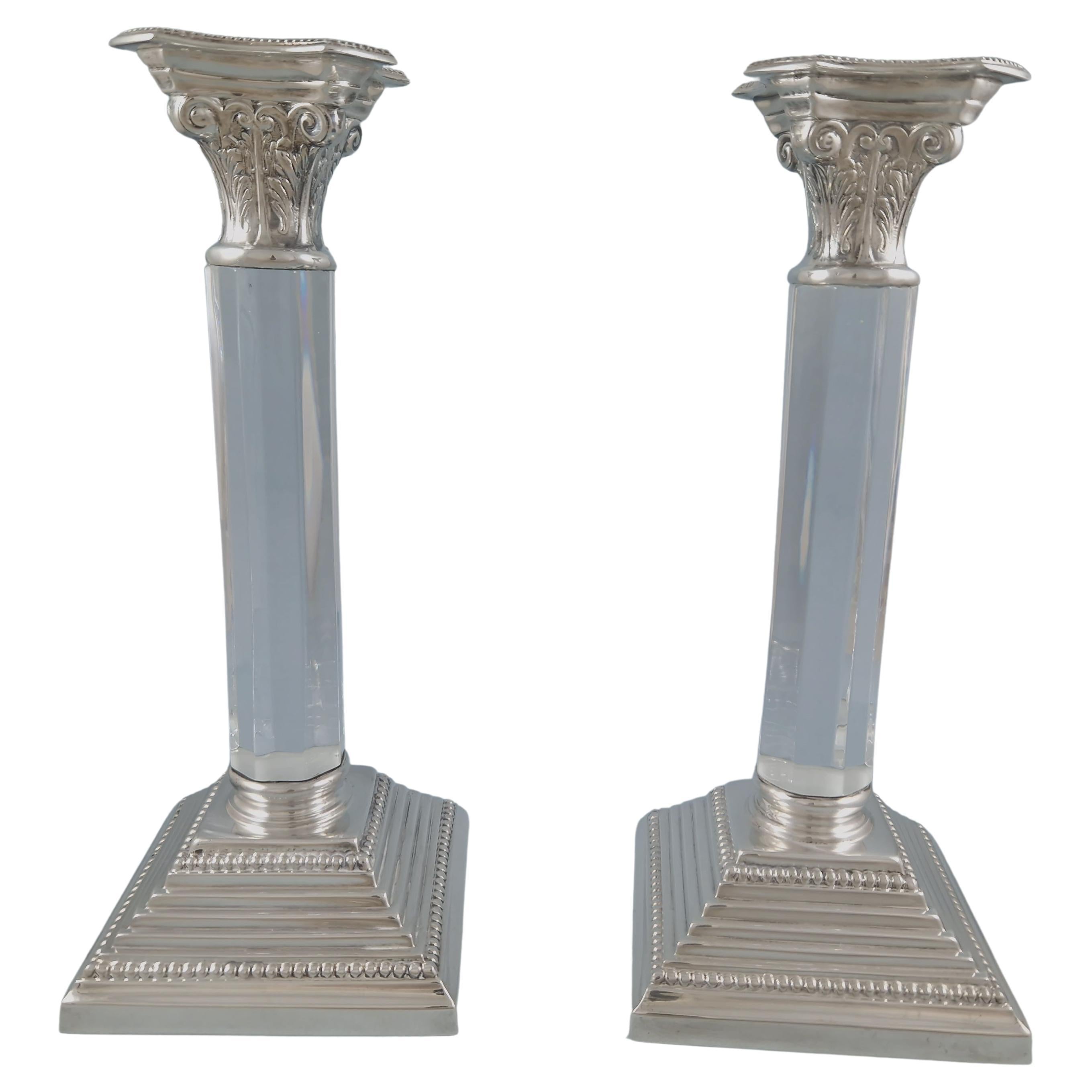 Pair of Glass and Sterling Silver Candlesticks