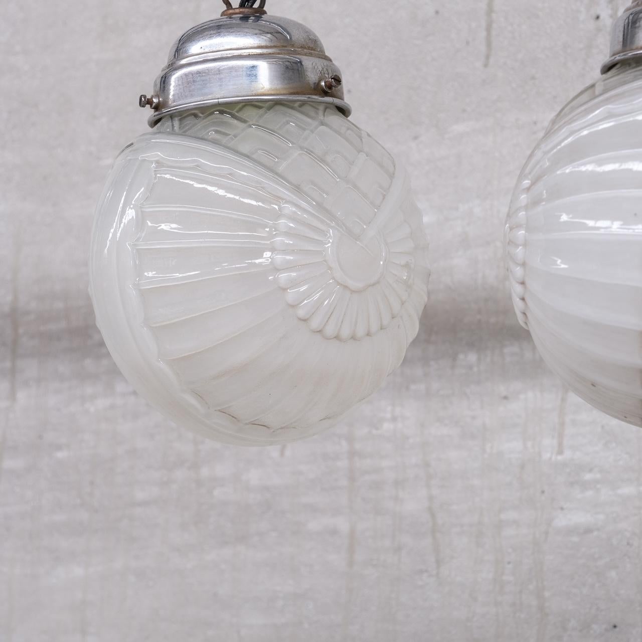 Metal Pair of Glass Art Deco Small Pendant Lights For Sale