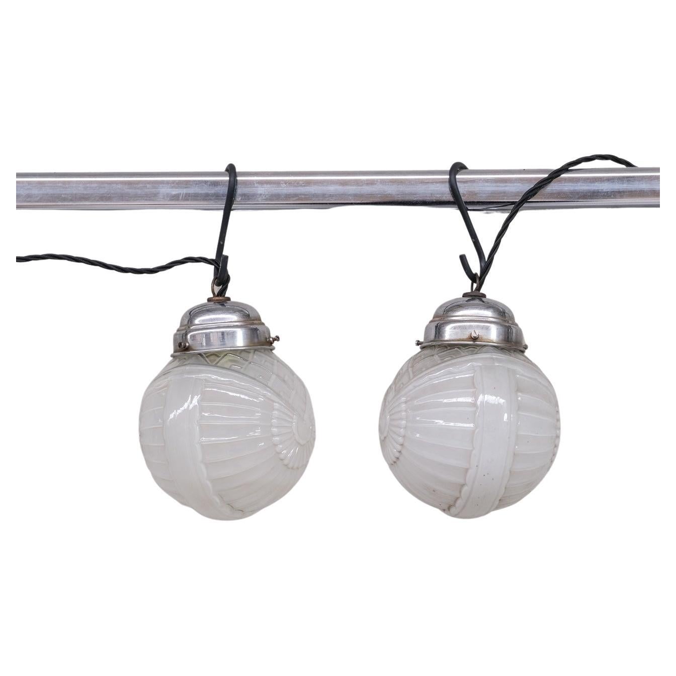 Pair of Glass Art Deco Small Pendant Lights For Sale