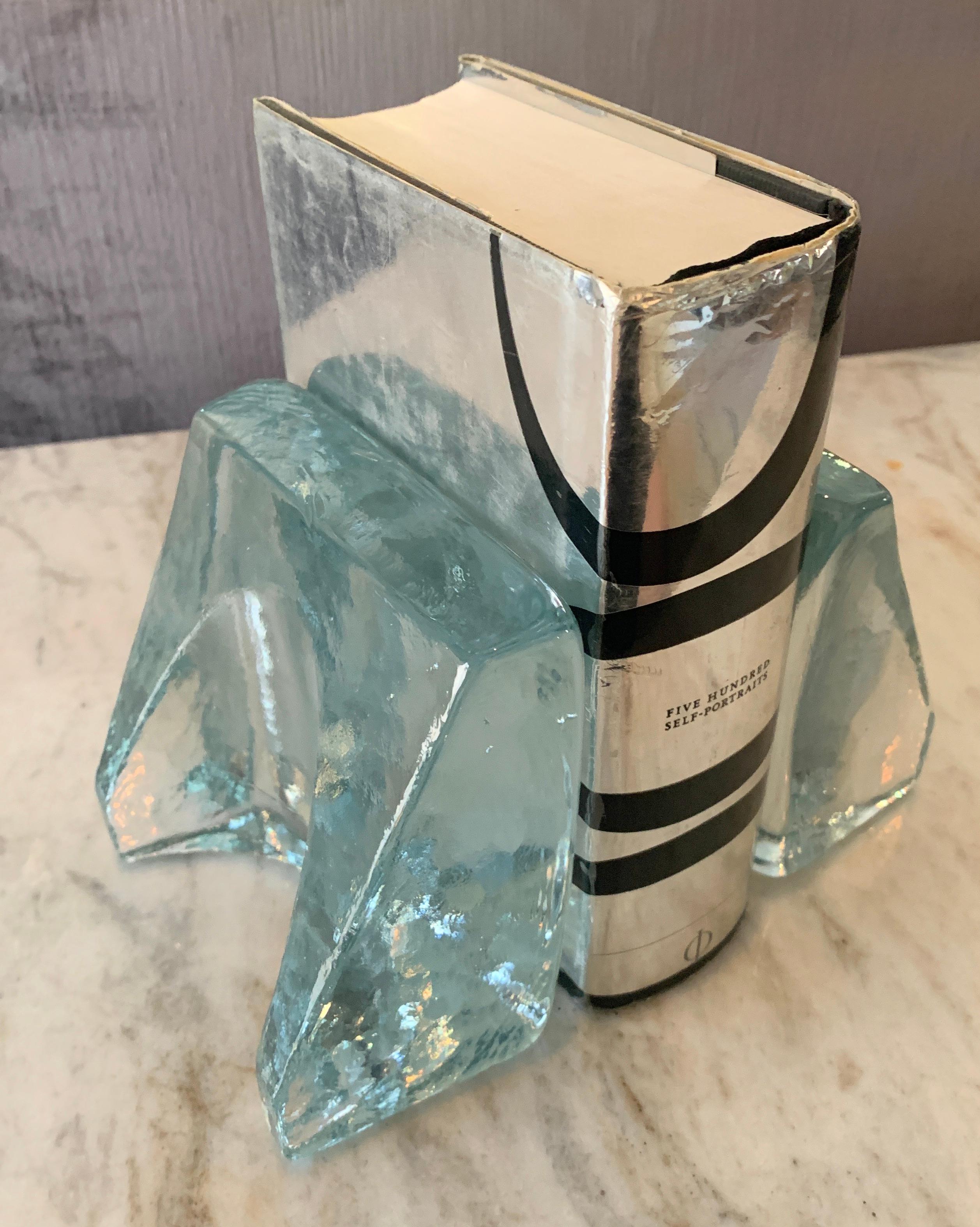 Pair of glass Blenko bookends - the pair have the look of ice and are very nice for the library, den or Childs room, or kitchen. A wonderful pair.