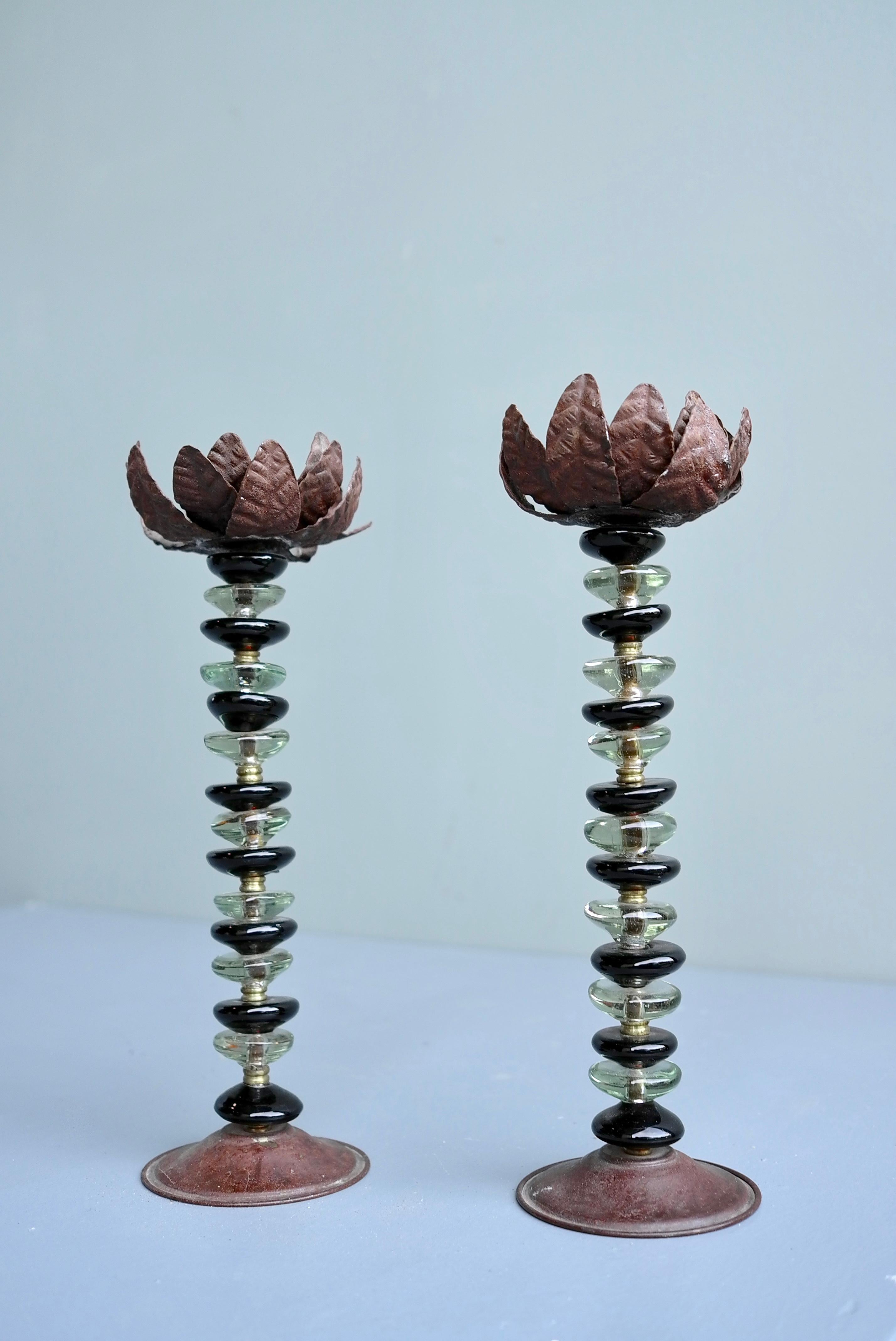 Pair of glass, brass and metal leaf candle holders, 1960's.
