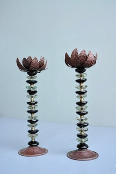 Pair of Glass, Brass and metal Leaf Candle Holders, 1960's
