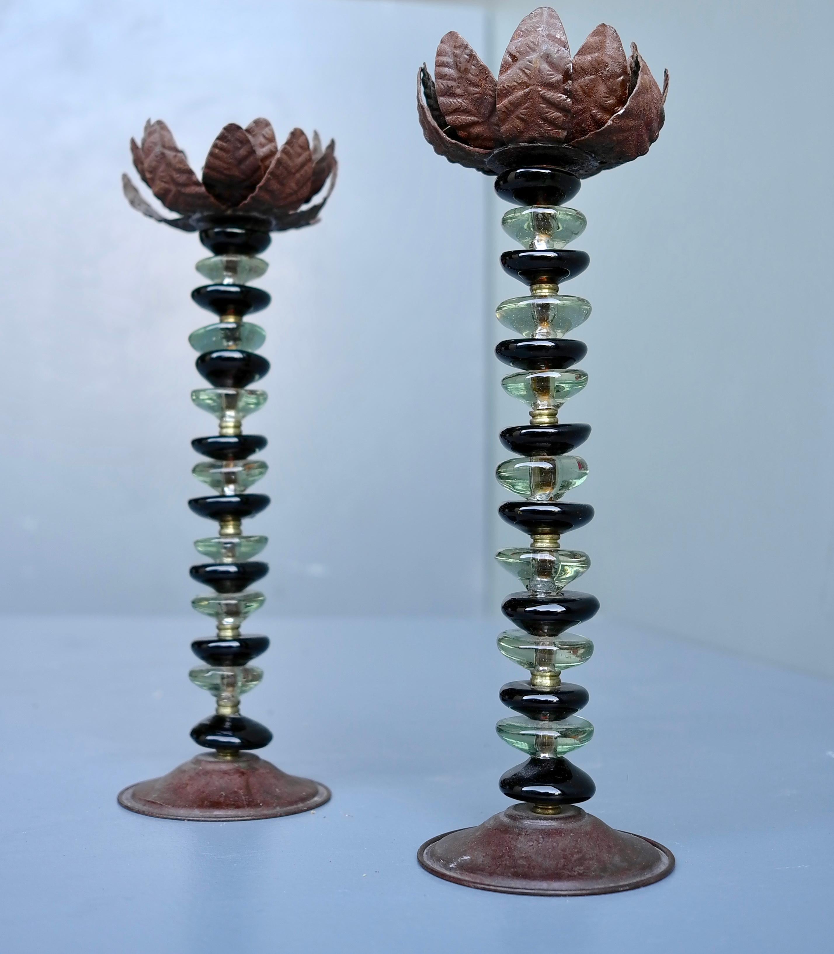 Mid-Century Modern Pair of Glass, Brass and metal Leaf Candle Holders, 1960's For Sale