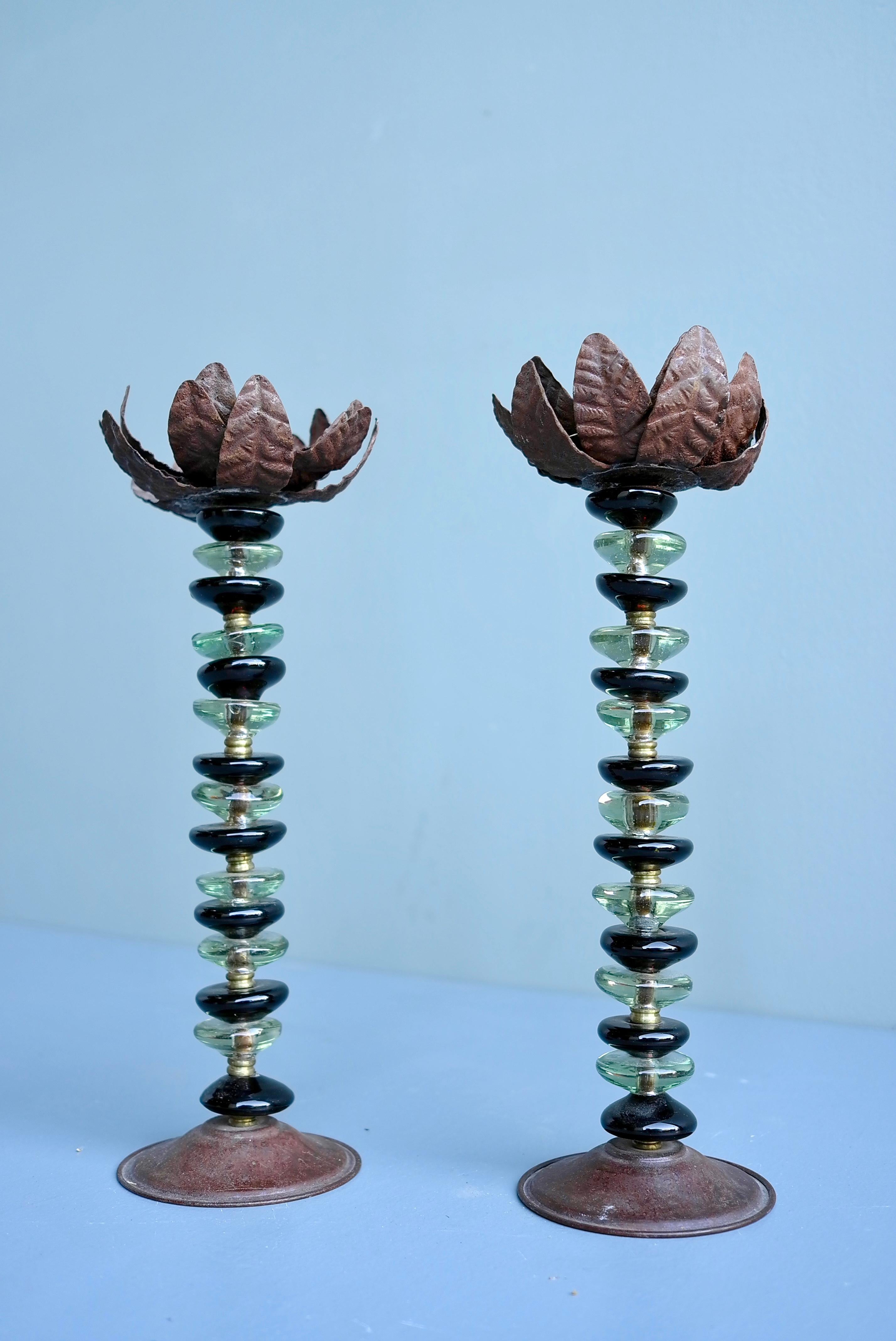 Pair of Glass, Brass and metal Leaf Candle Holders, 1960's In Good Condition For Sale In Den Haag, NL