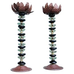 Pair of Glass, Brass and metal Leaf Candle Holders, 1960's