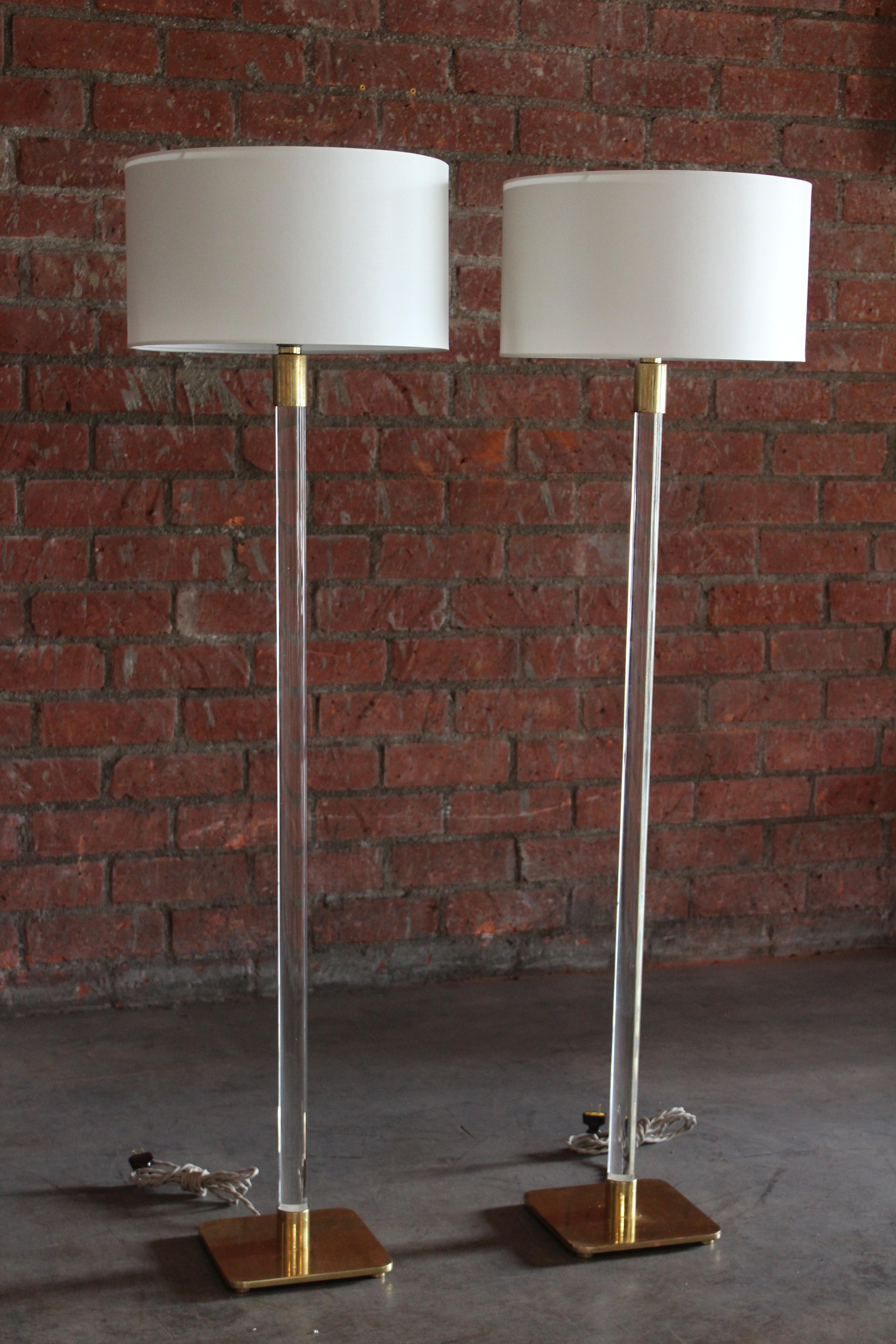 American Pair of Glass & Brass Floor Lamps by Hansen, NYC, 1970s For Sale