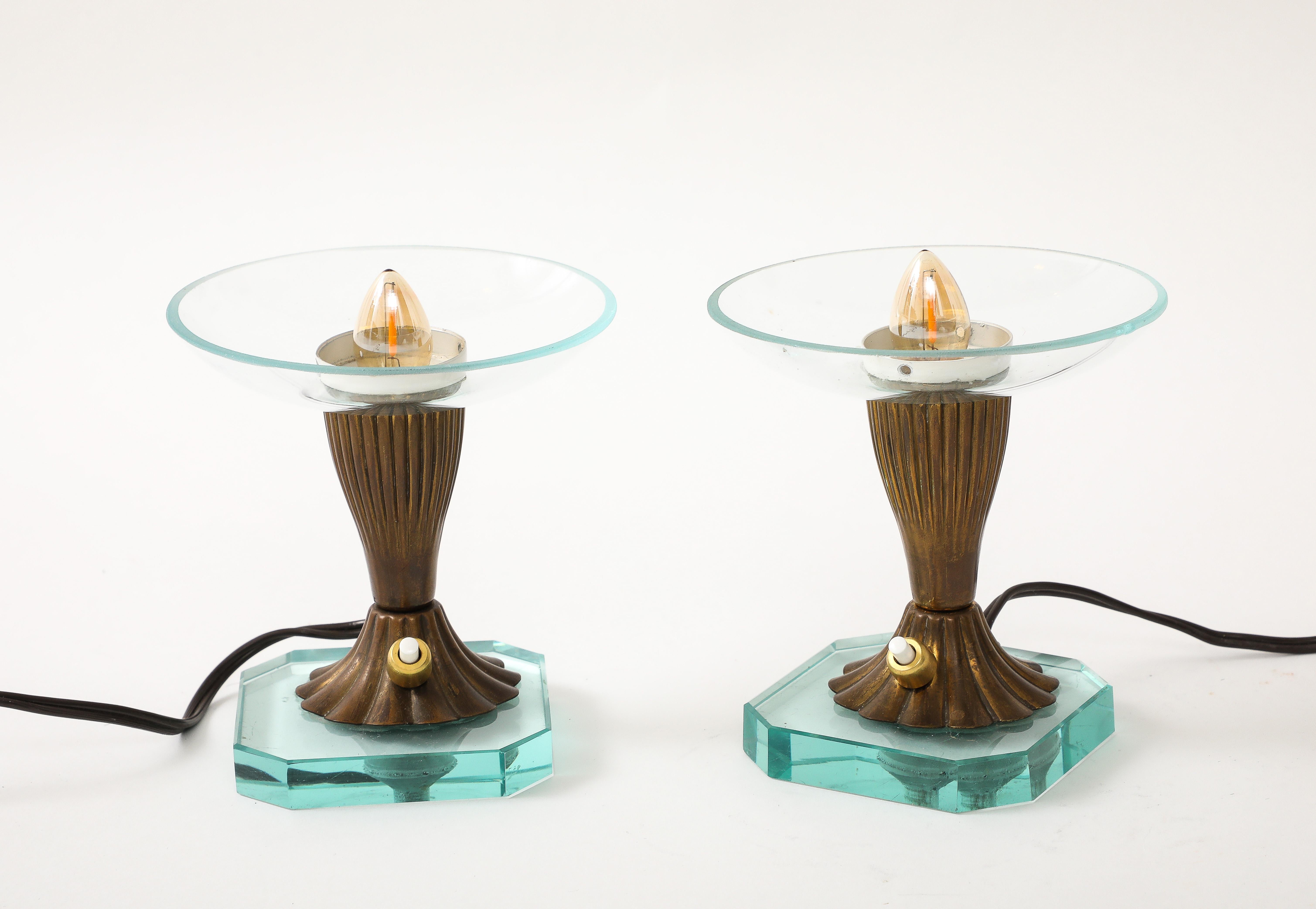 Mid-20th Century Pair of Glass & Brass Petite Table Lamps att. Pietro Chiesa - Italy 1940's For Sale