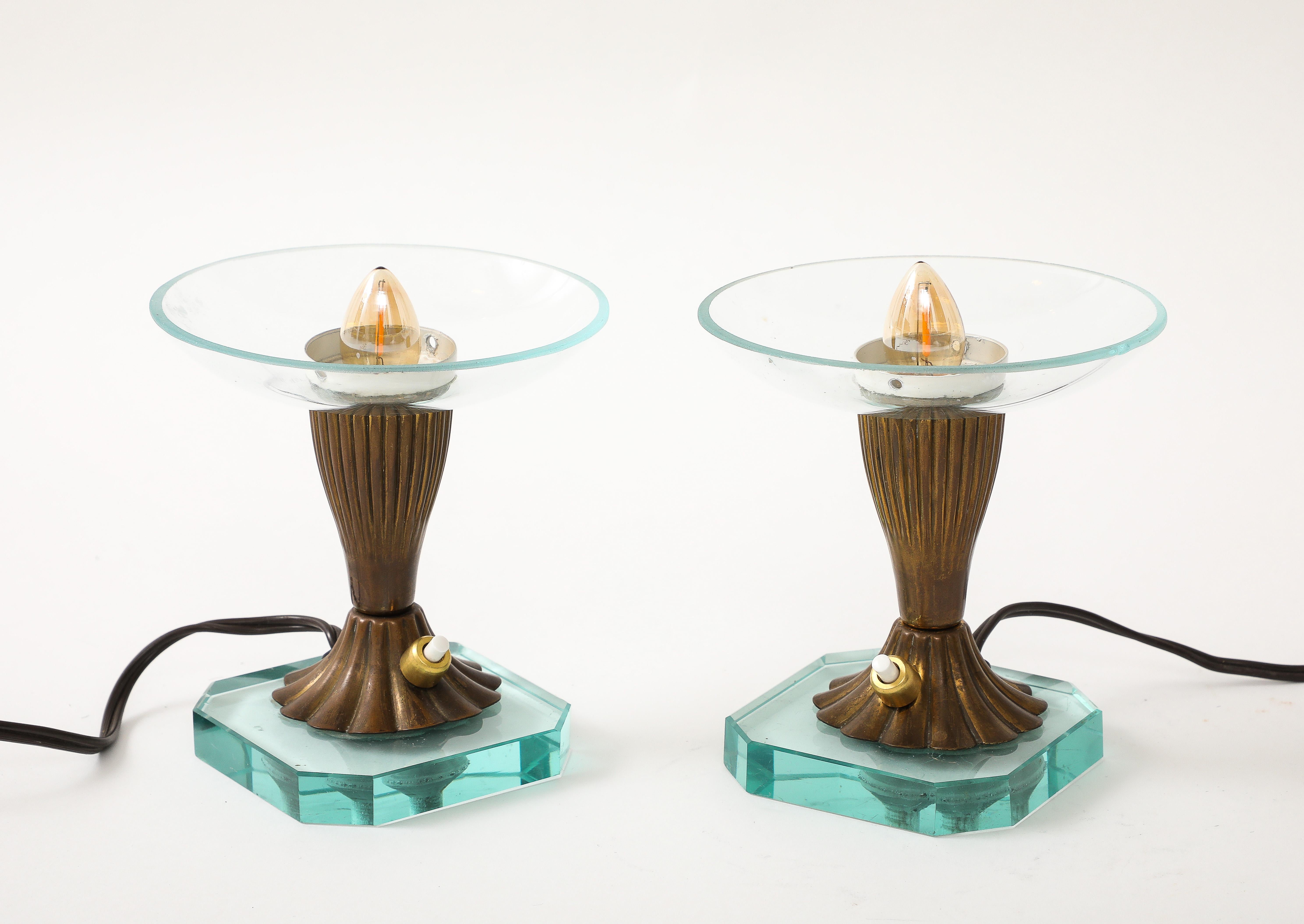 Pair of Glass & Brass Petite Table Lamps att. Pietro Chiesa - Italy 1940's For Sale 1