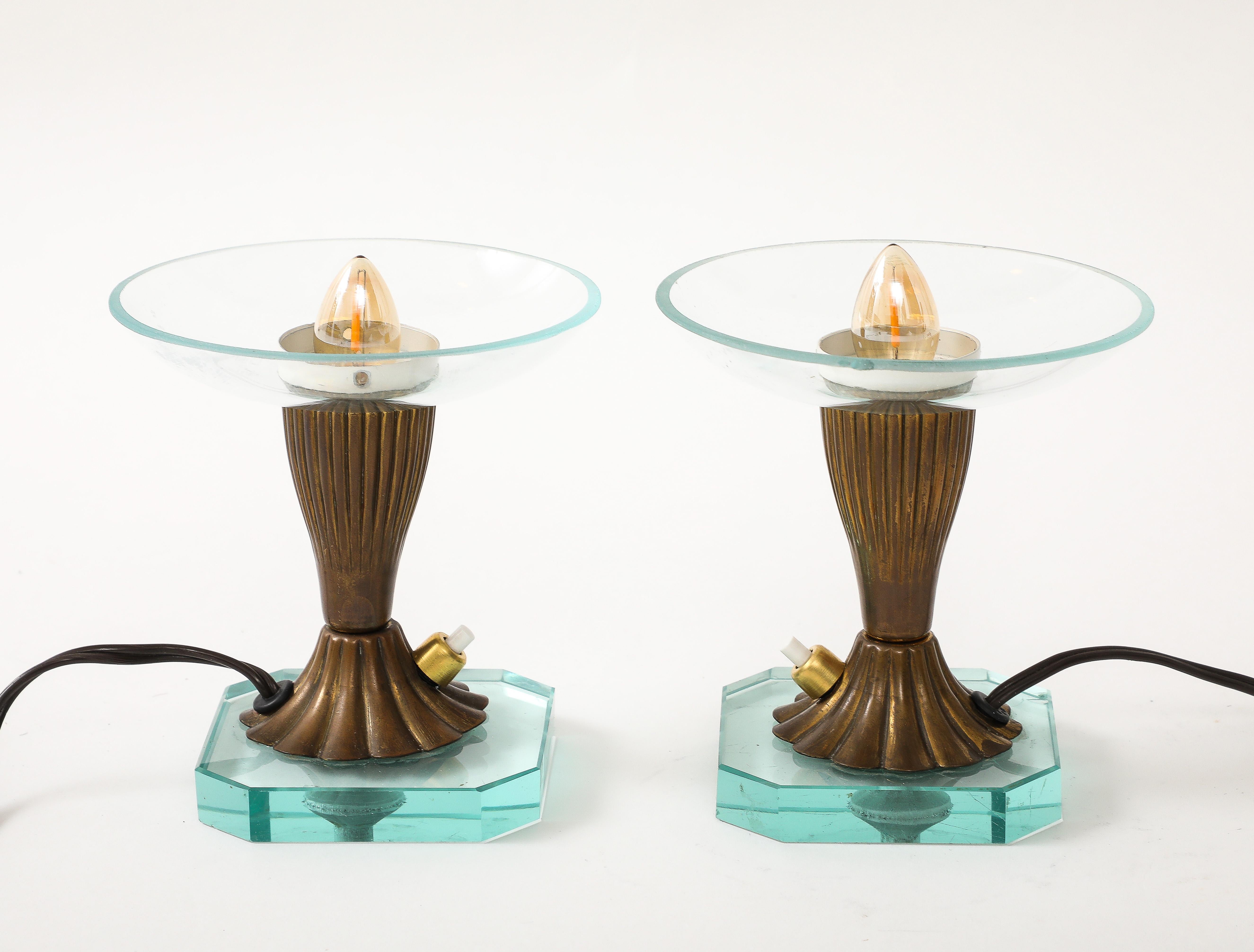 Pair of Glass & Brass Petite Table Lamps att. Pietro Chiesa - Italy 1940's For Sale 2