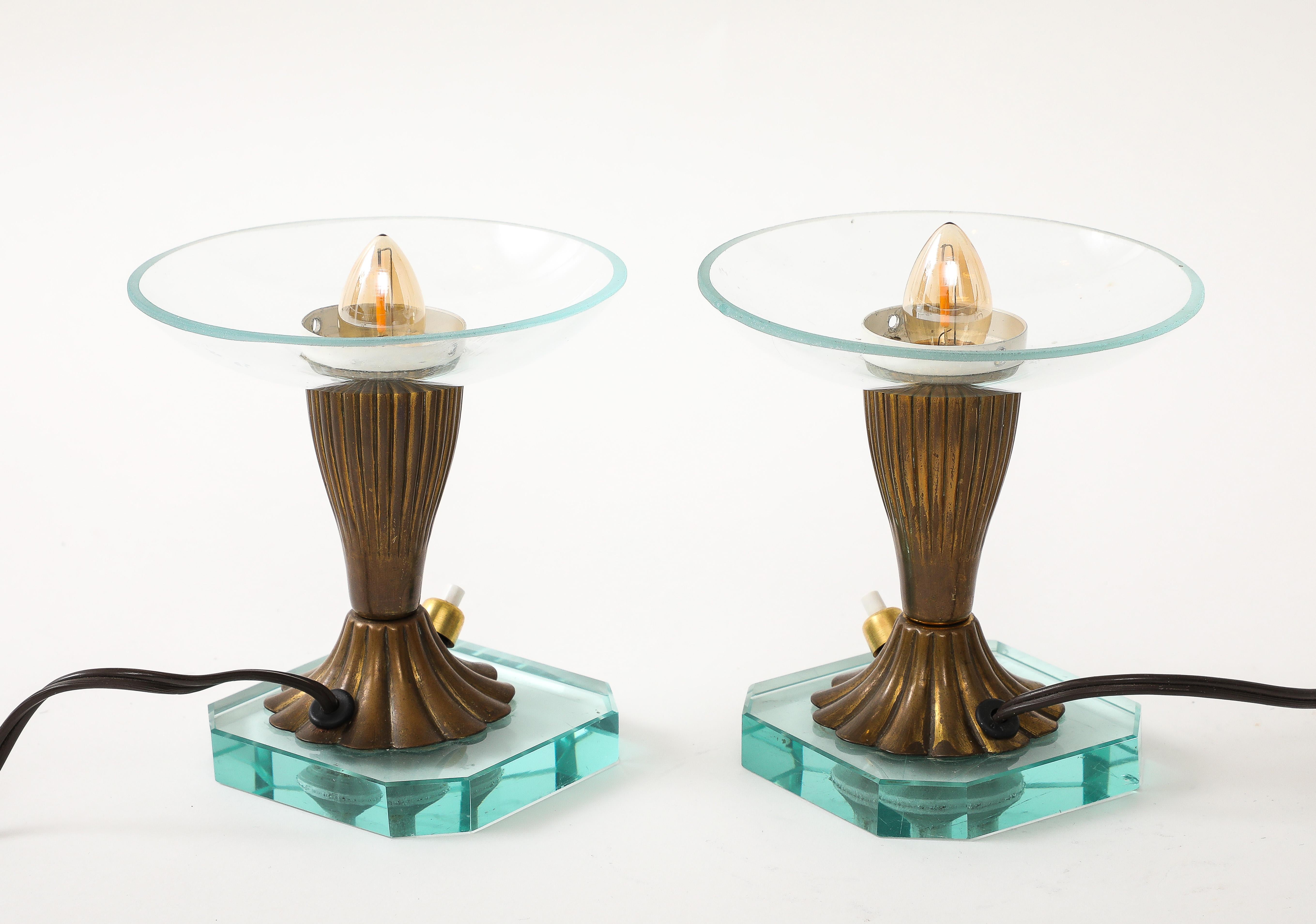 Pair of Glass & Brass Petite Table Lamps att. Pietro Chiesa - Italy 1940's For Sale 3
