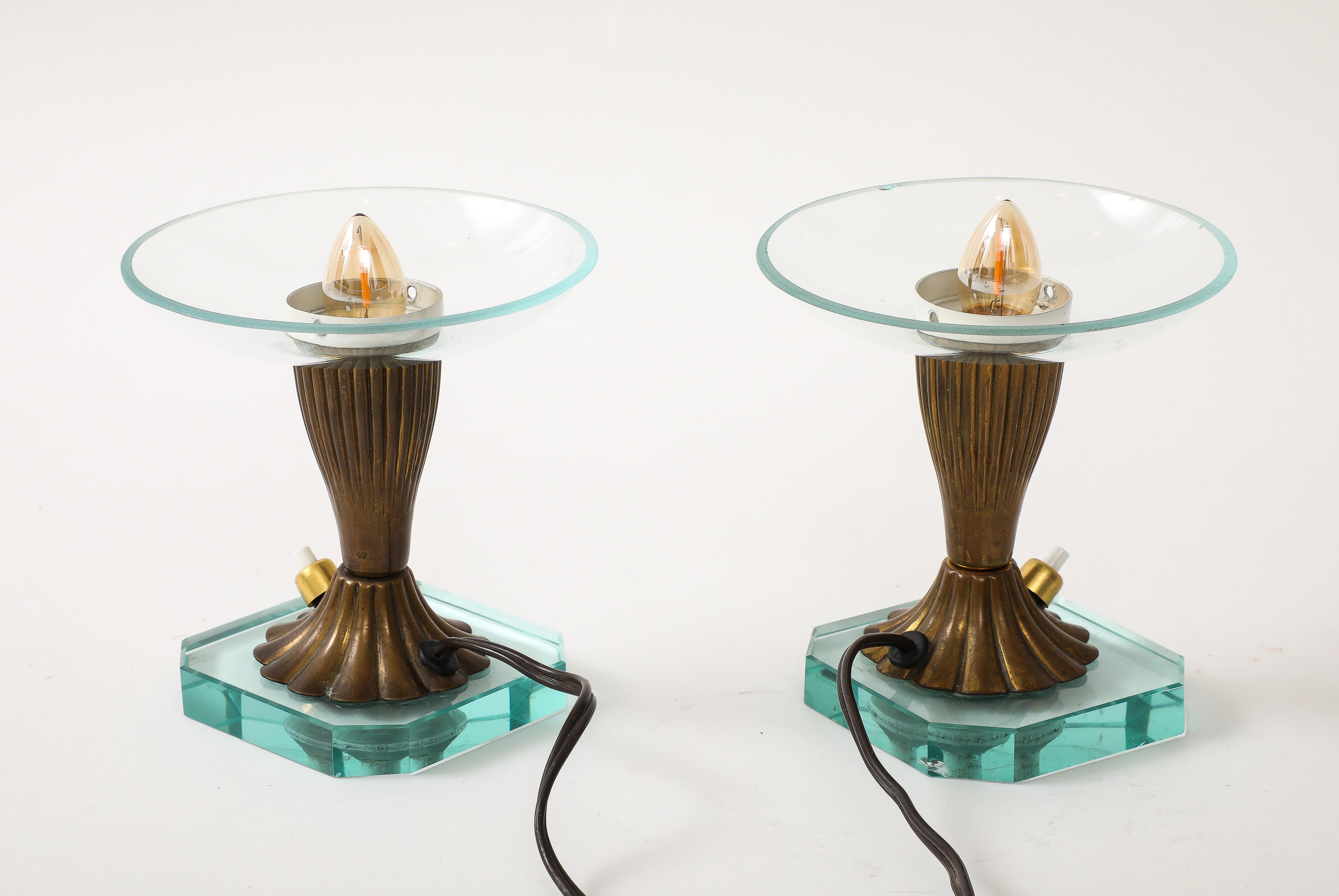 Pair of Glass & Brass Petite Table Lamps att. Pietro Chiesa - Italy 1940's For Sale 4