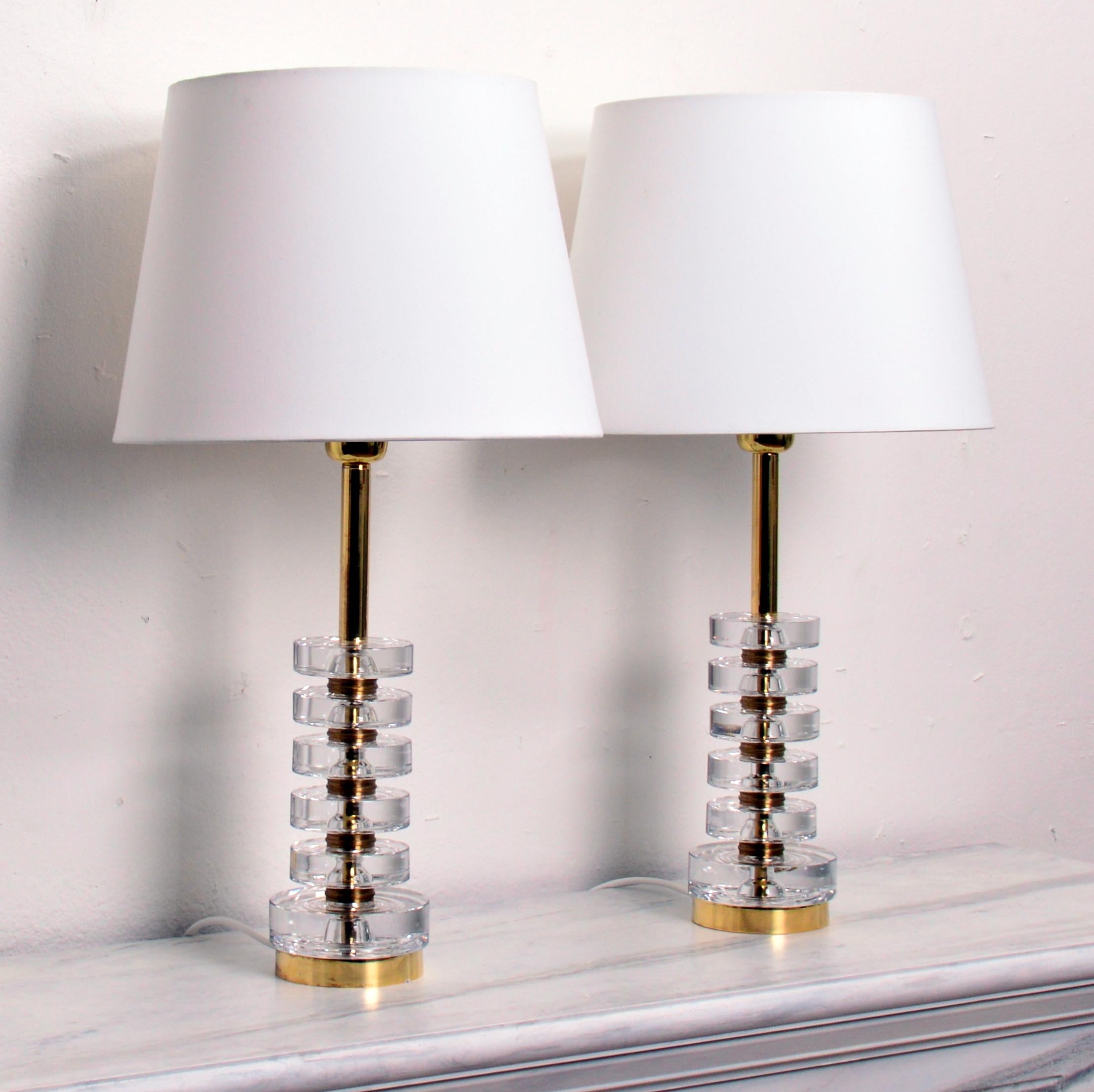 Mid-Century Modern Pair of Glass & Brass Table Lamps by Carl Fagerlund for Orrefors, Sweden For Sale
