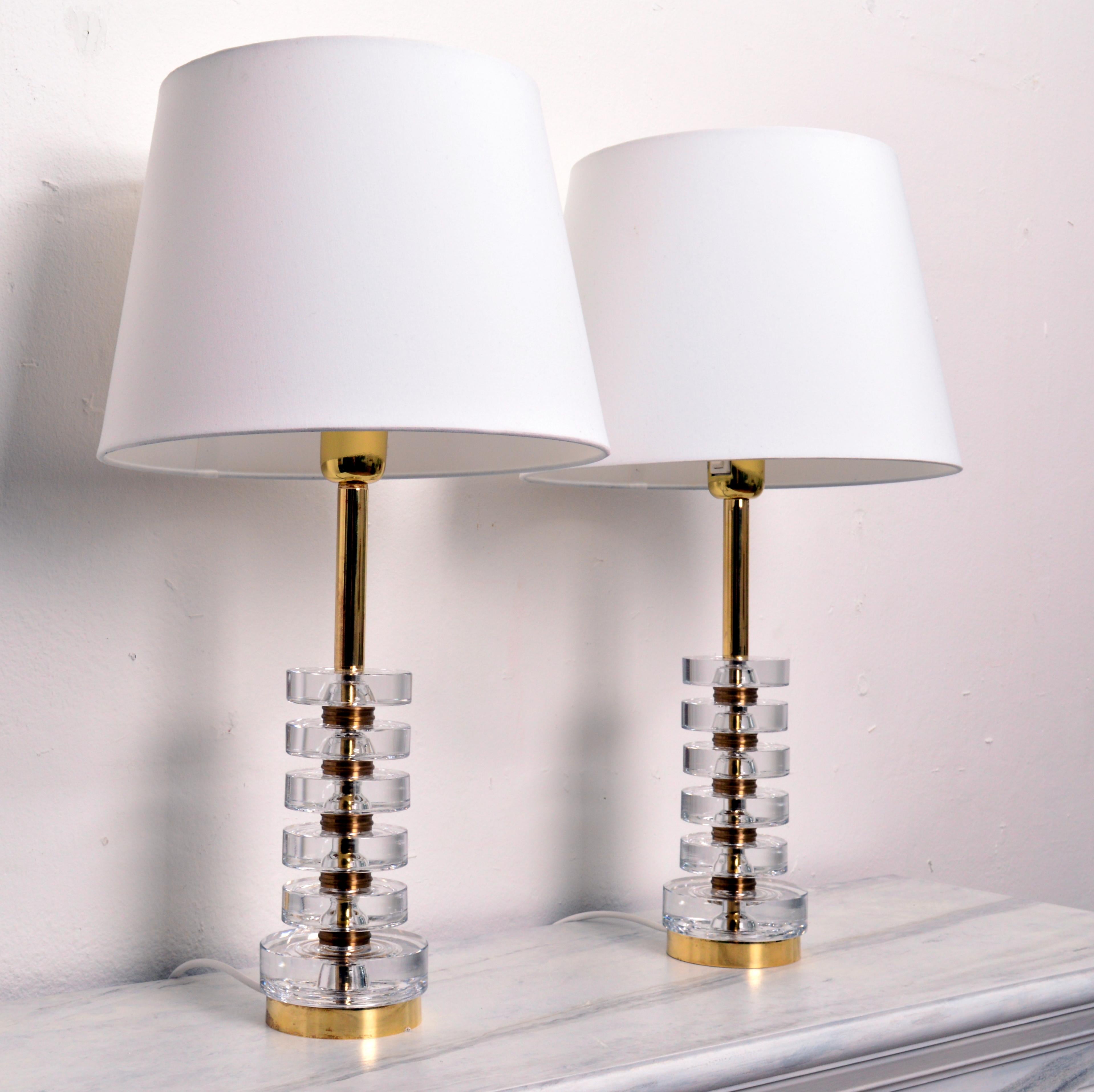 Swedish Pair of Glass & Brass Table Lamps by Carl Fagerlund for Orrefors, Sweden For Sale