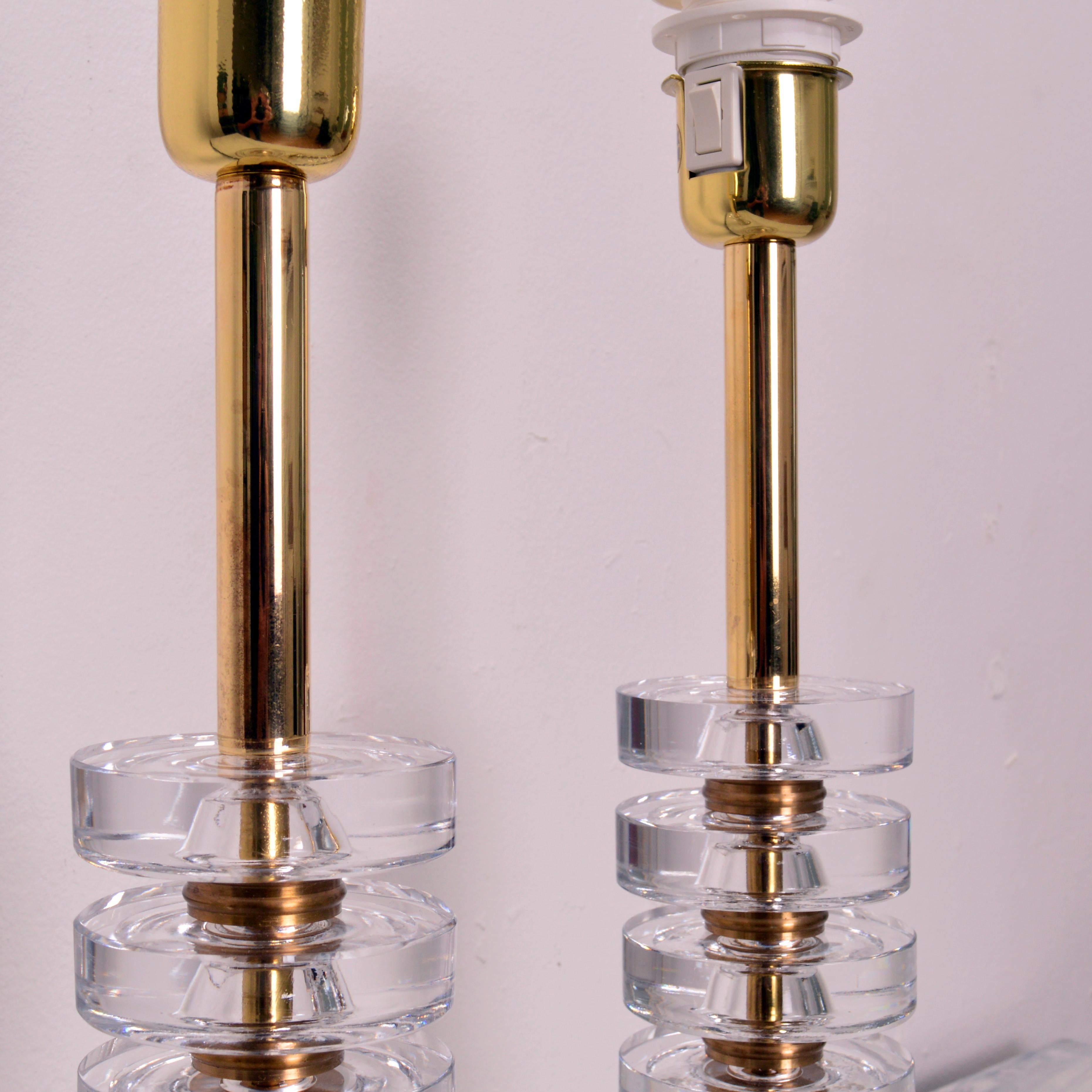 20th Century Pair of Glass & Brass Table Lamps by Carl Fagerlund for Orrefors, Sweden For Sale