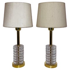 Pair of Glass & Brass Table Lamps by Carl Fagerlund for Orrefors, Sweden