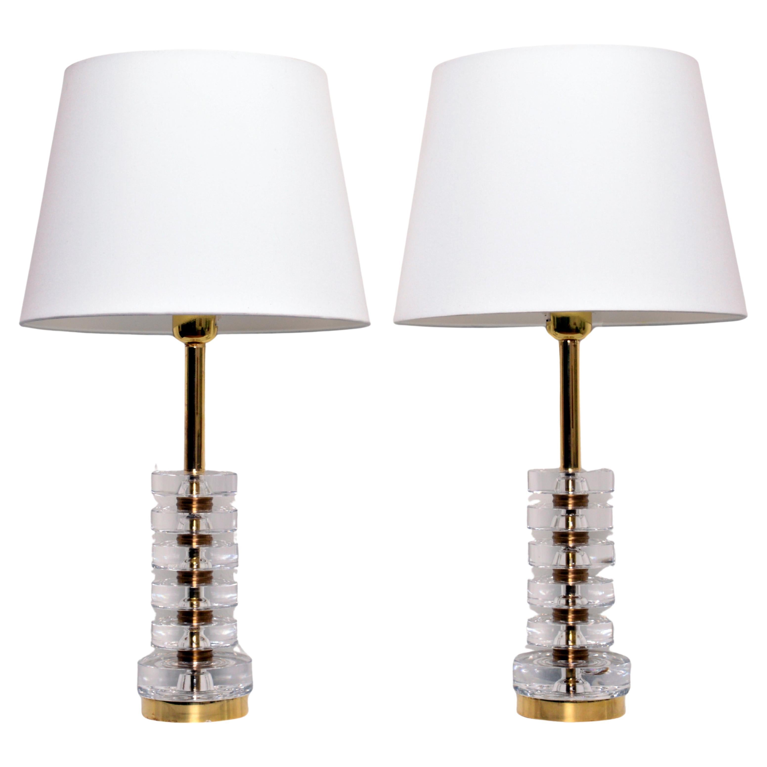 Pair of Glass & Brass Table Lamps by Carl Fagerlund for Orrefors, Sweden For Sale