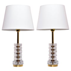 Pair of Glass & Brass Table Lamps by Carl Fagerlund for Orrefors, Sweden
