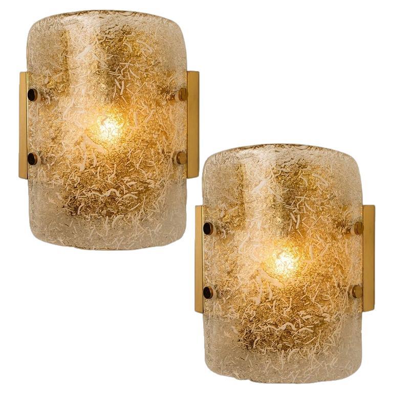 Pair of Glass Brass Wall Sconces by Hillebrand, Austria, 1960 For Sale