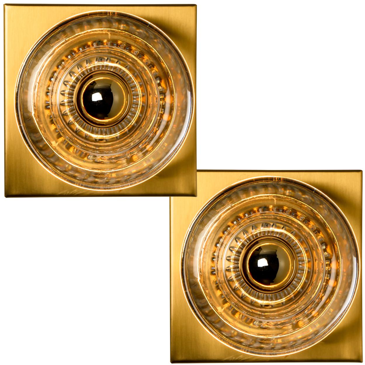 Mid-Century Modern Pair of Glass Brass Wall Sconces Flush Mounts Cosack Lights, Germany, 1970s