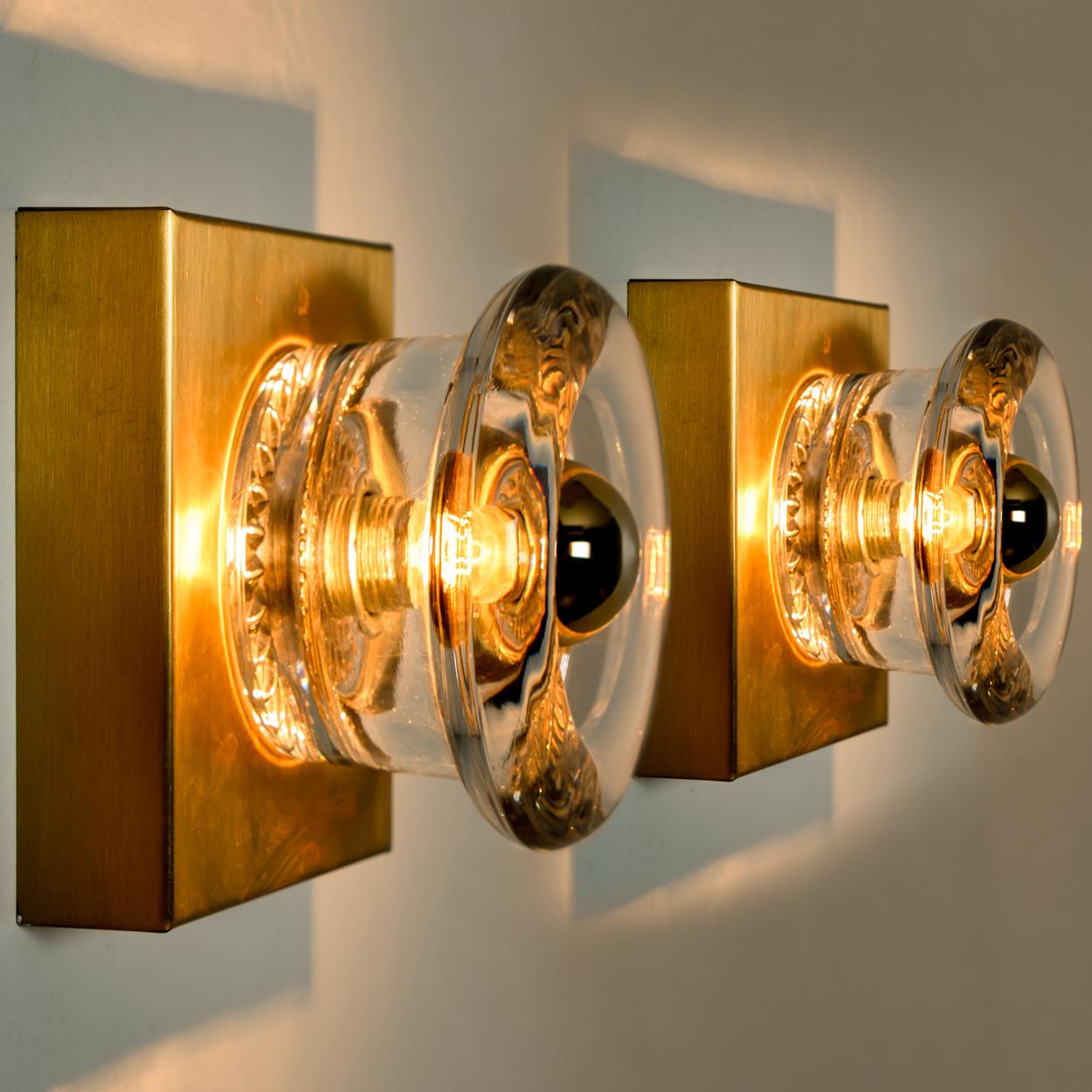 Pair of Glass Brass Wall Sconces Flush Mounts Cosack Lights, Germany, 1970s In Good Condition In Rijssen, NL