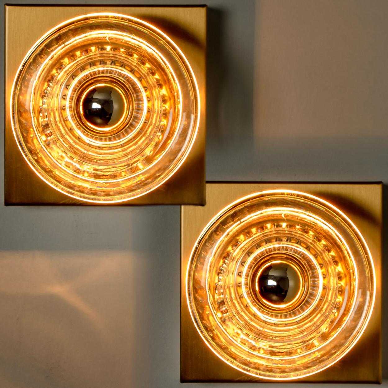 20th Century Pair of Glass Brass Wall Sconces Flush Mounts Cosack Lights, Germany, 1970s