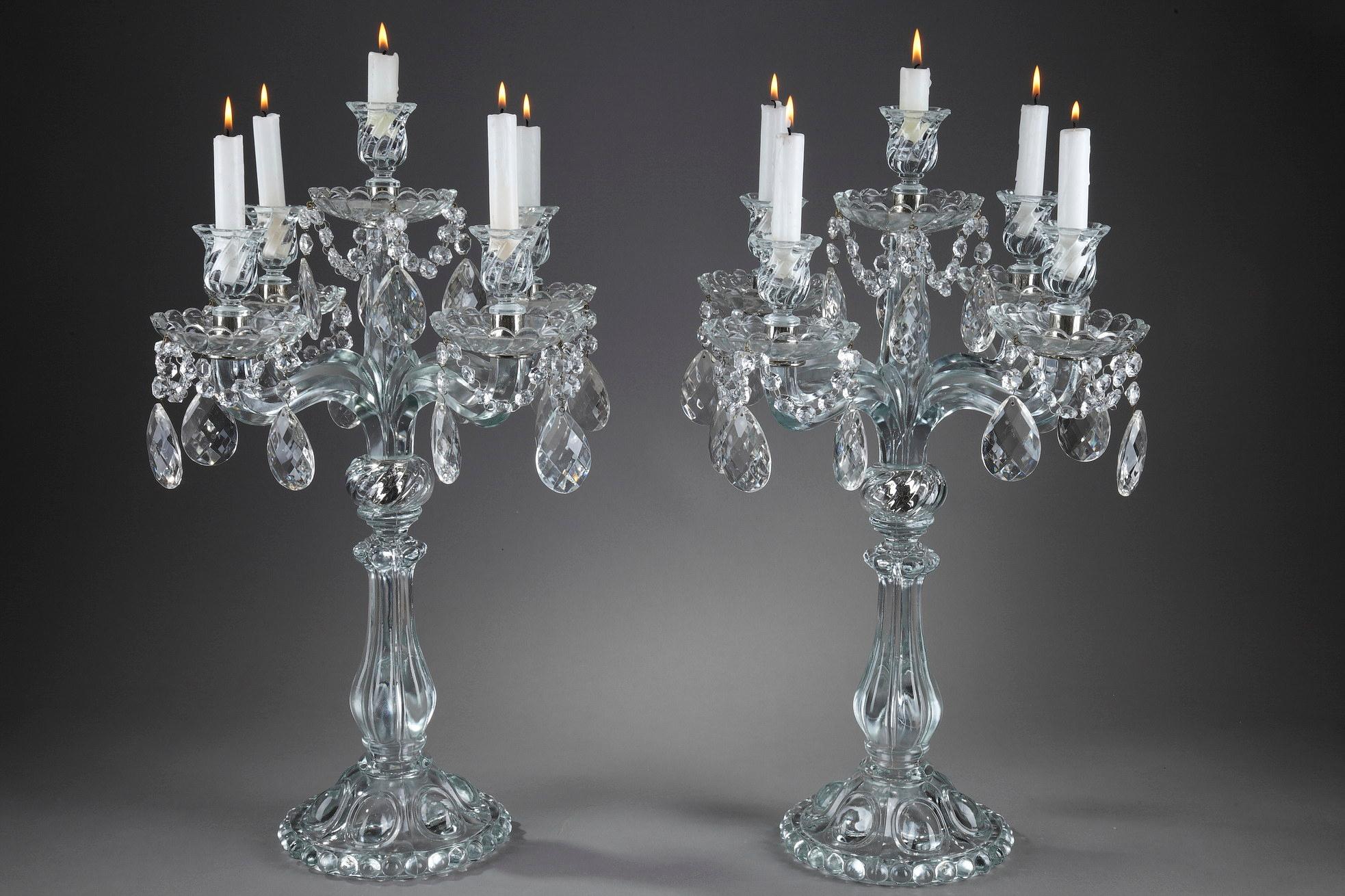 Pair of Glass Candelabras with Crystal Pendants In Good Condition For Sale In Paris, FR