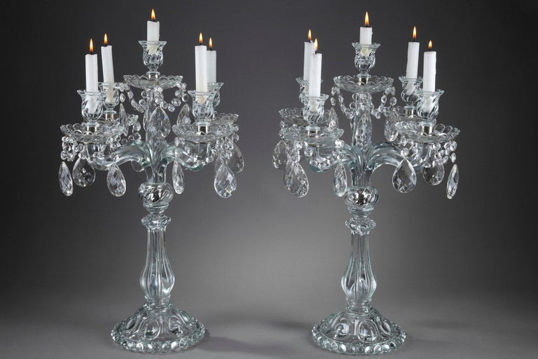 Pair of Glass Candelabras with Crystal Pendants For Sale at 1stDibs