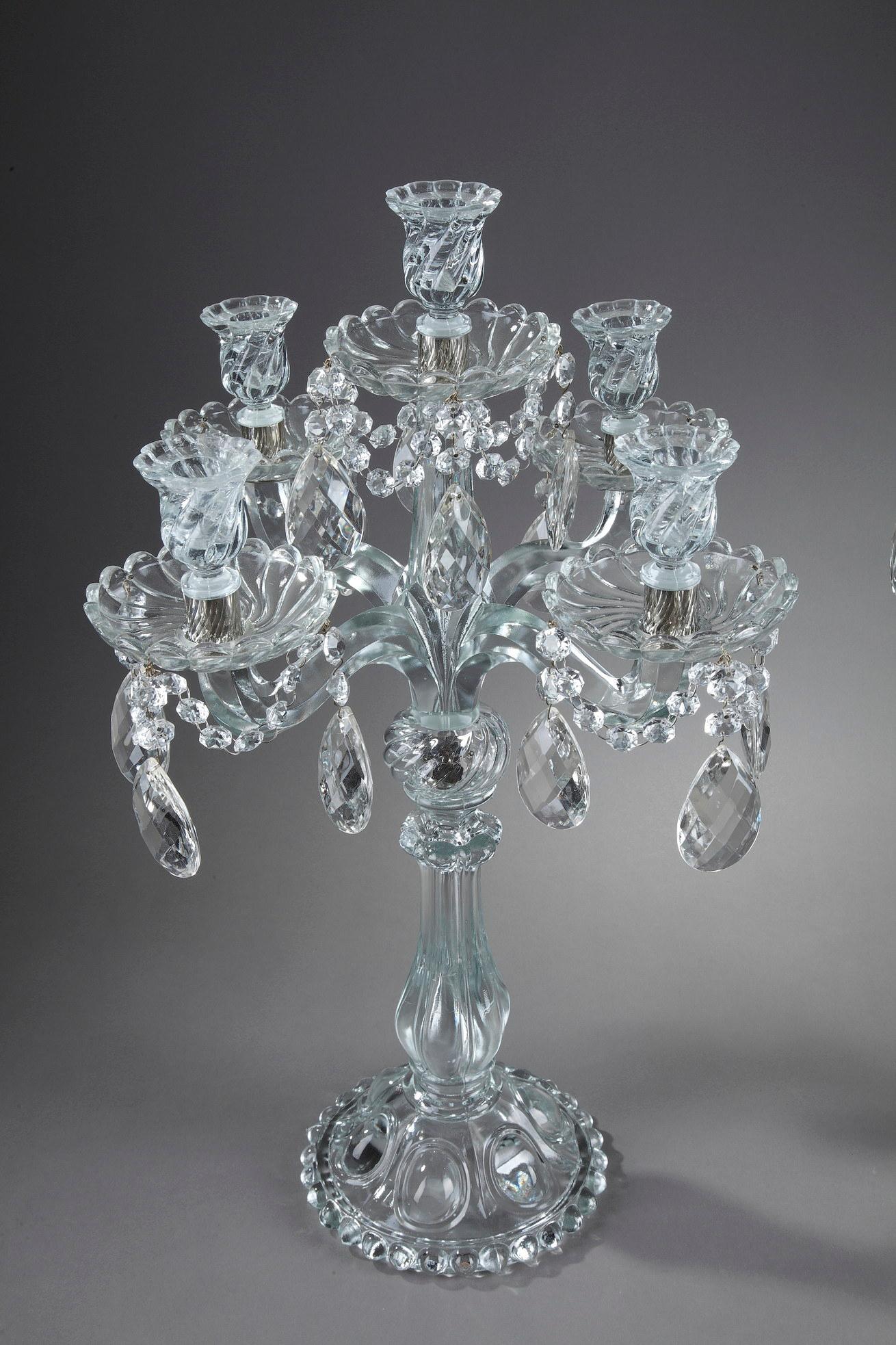 Late 20th Century Pair of Glass Candelabras with Crystal Pendants For Sale