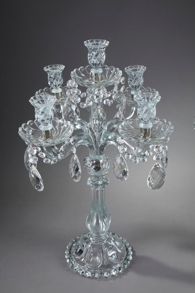 Pair of Glass Candelabras with Crystal Pendants For Sale at 1stDibs