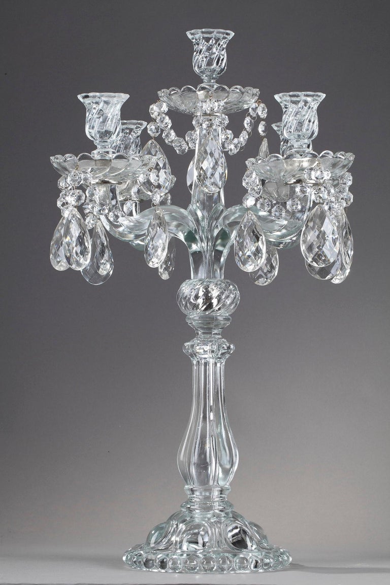 Pair of Glass Candelabras with Crystal Pendants For Sale at 1stDibs