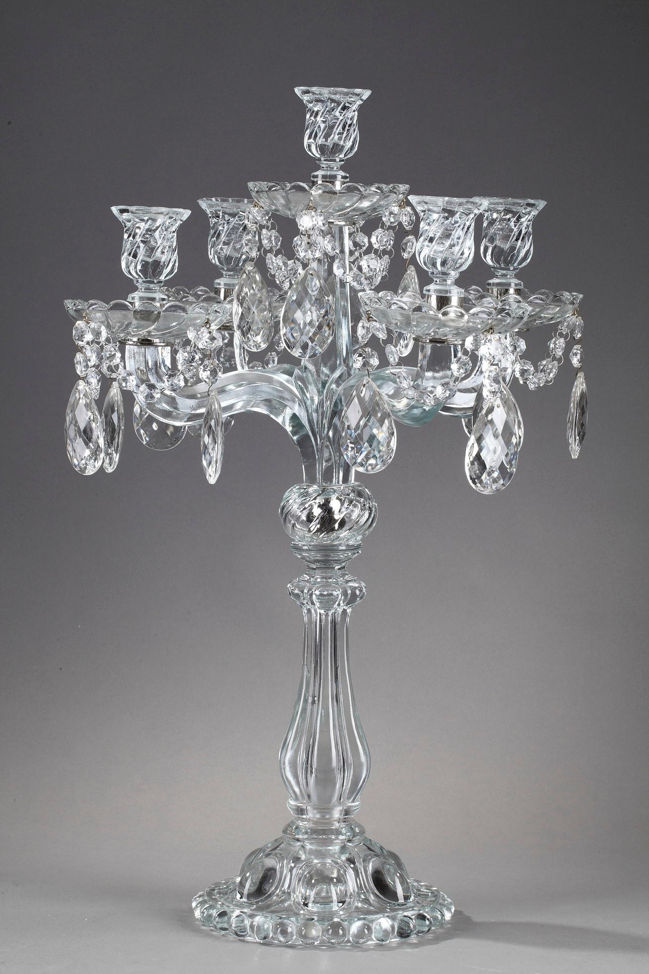 Pair of Glass Candelabras with Crystal Pendants For Sale 3