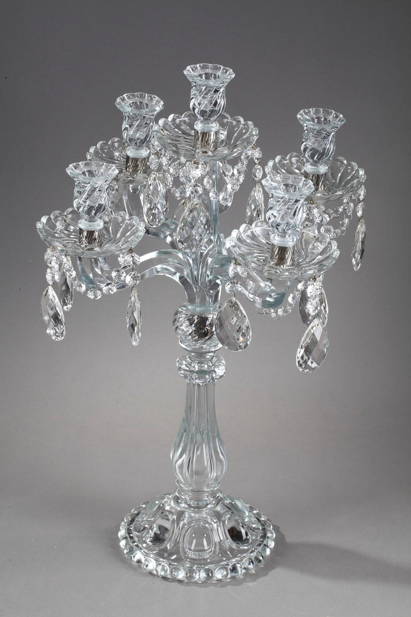 Pair of Glass Candelabras with Crystal Pendants For Sale 4