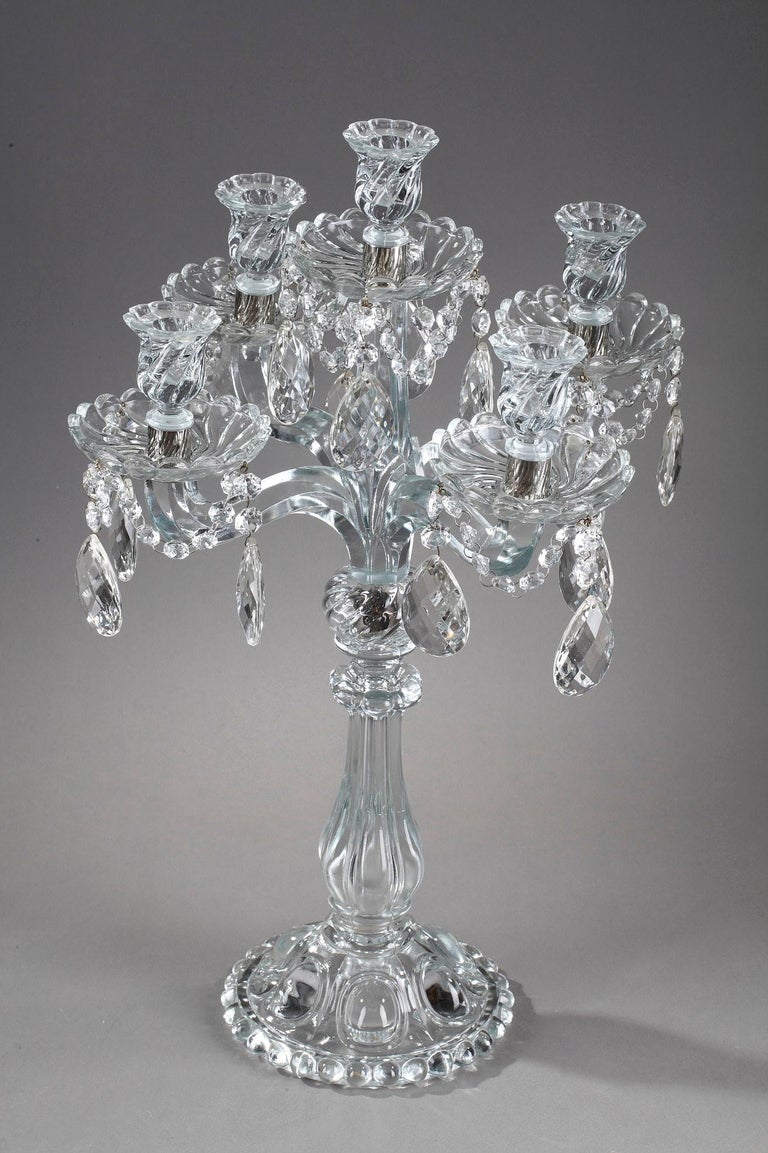Pair of Glass Candelabras with Crystal Pendants For Sale at 1stDibs