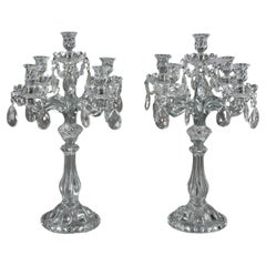 Pair of Glass Candelabras with Crystal Pendants