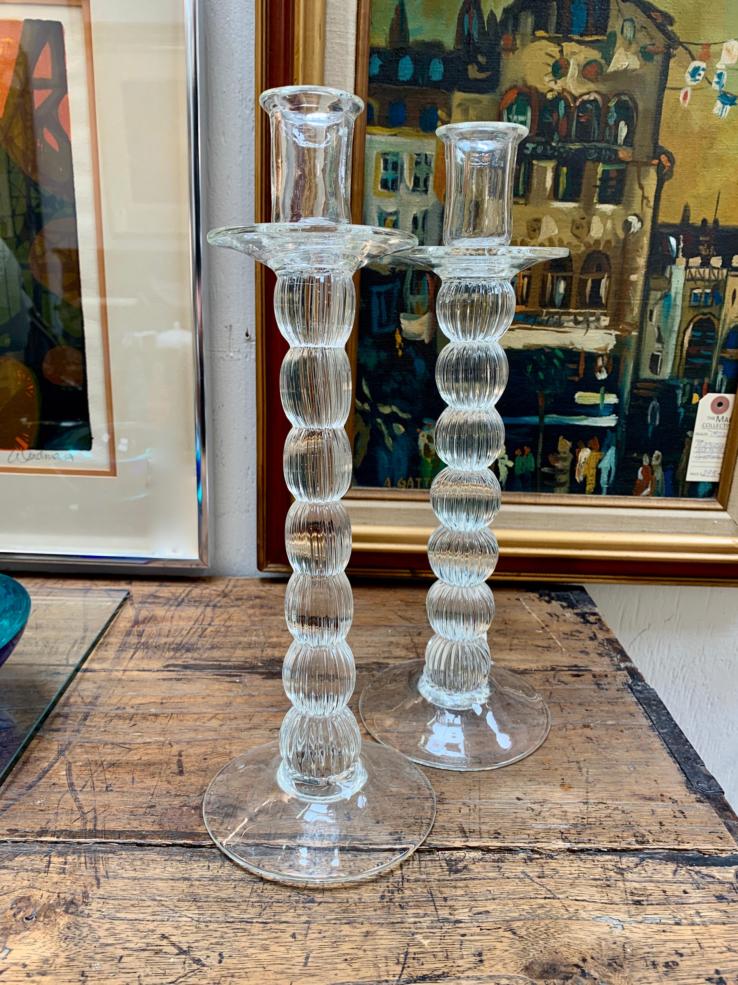 Pair of Glass Candle Sticks In Good Condition In Los Angeles, CA