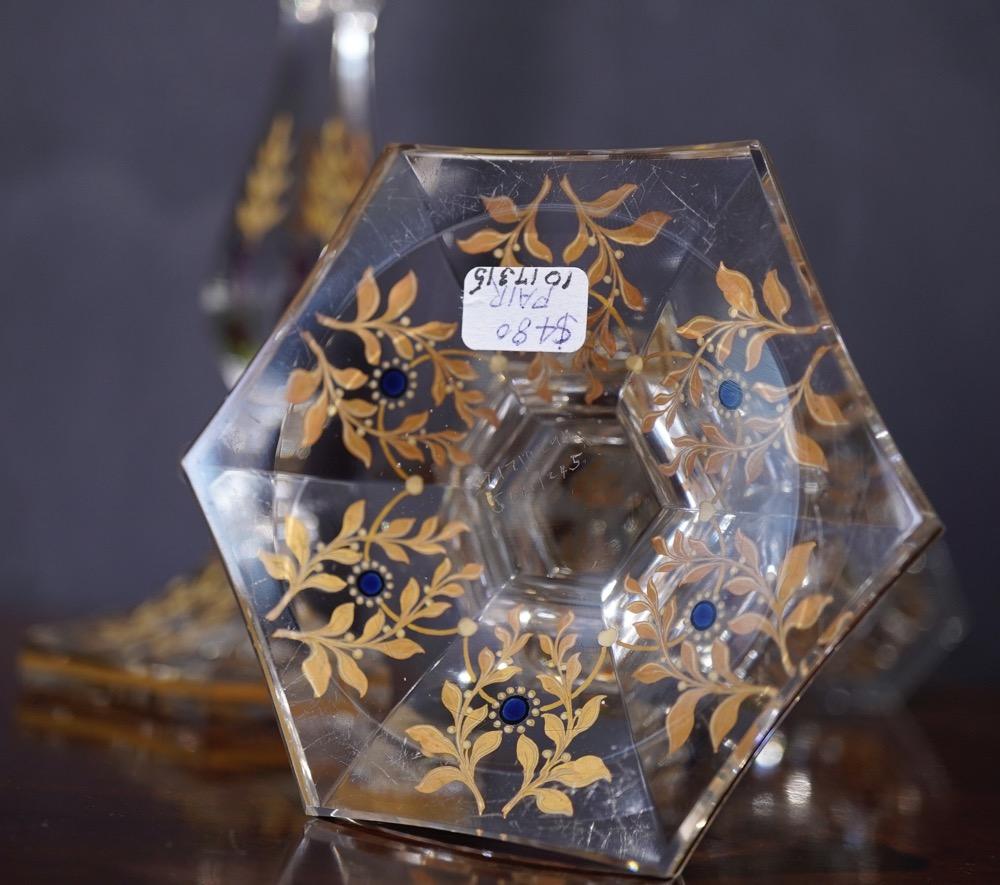 Pair of Glass Candle Sticks with Gold Etching of Flowers, circa 1900 4
