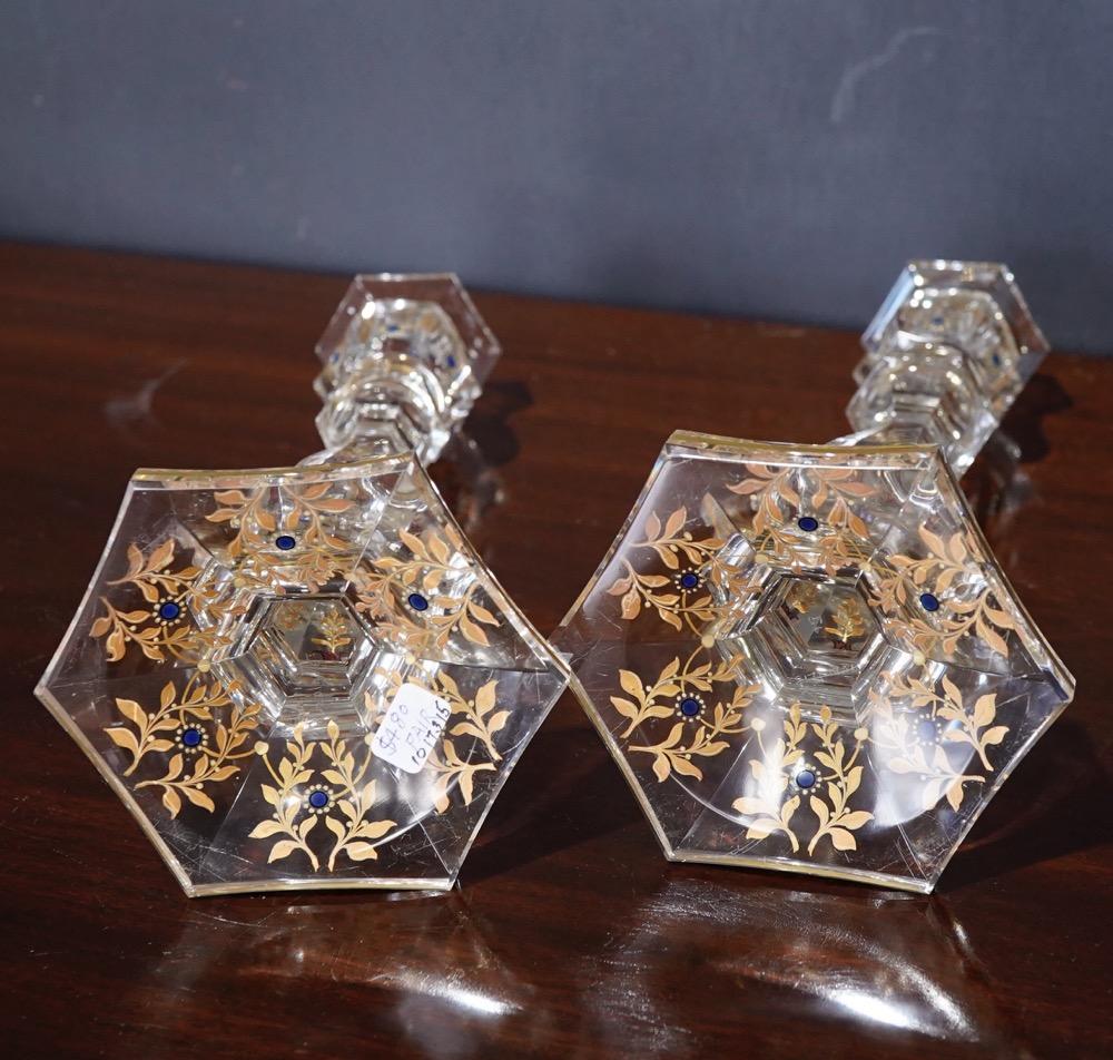 Italian Pair of Glass Candle Sticks with Gold Etching of Flowers, circa 1900